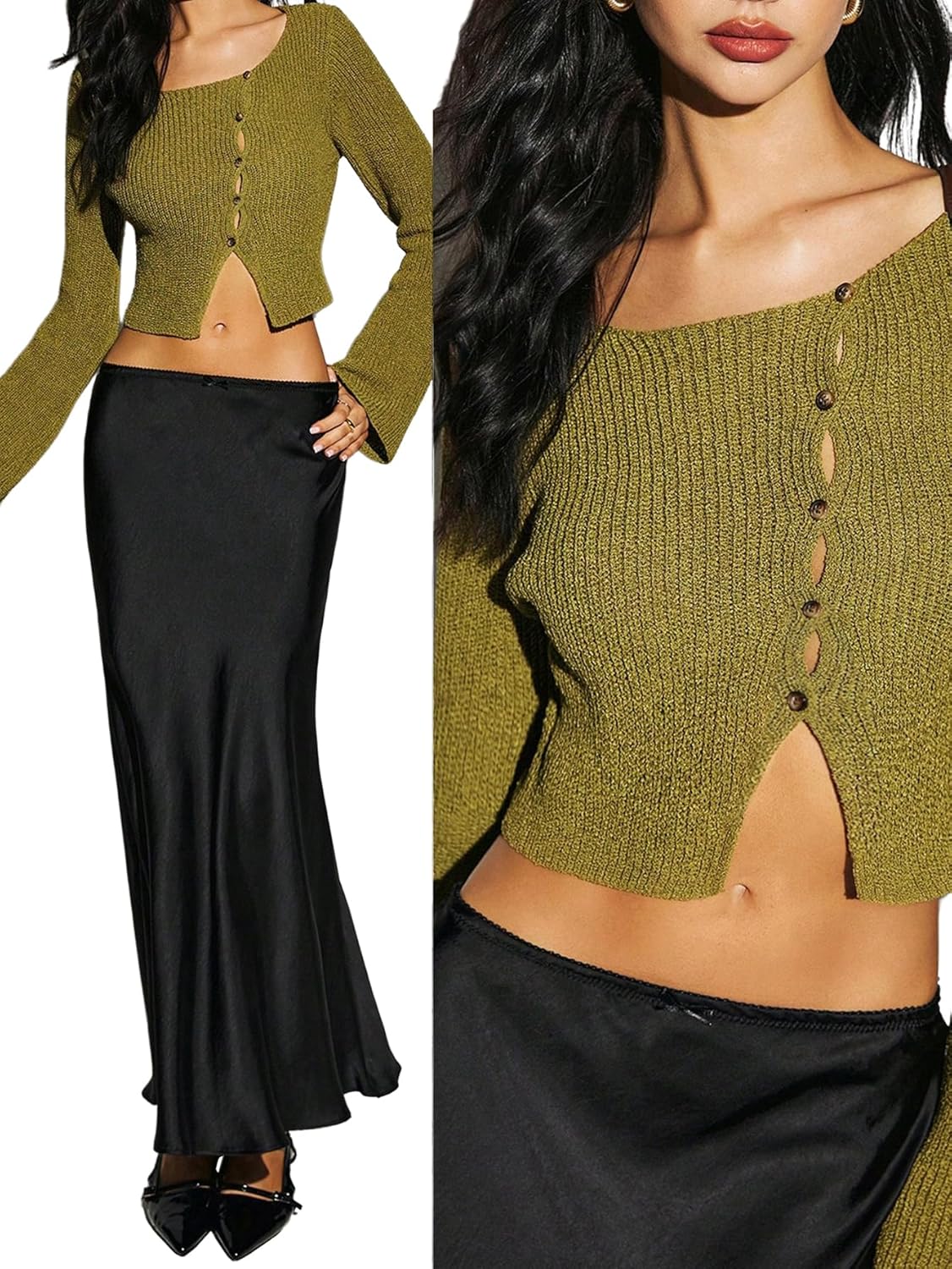 Women's Button Down Cropped Cardigan Long Sleeve Scoop Neck Bolero Shrug Fall Tops Trendy - Image 5