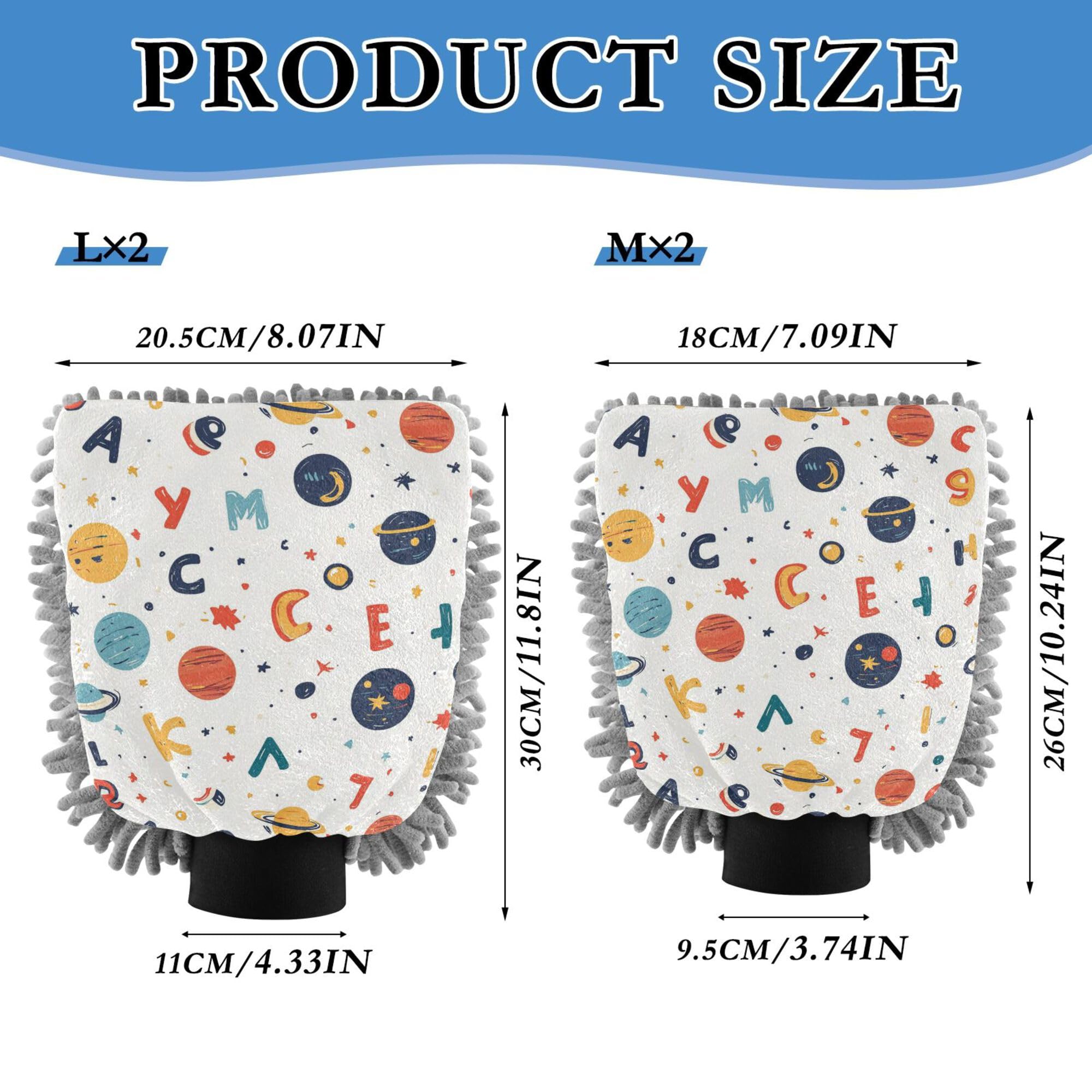 Cartoon Outer Planets Alphabet White Wash Mitt Microfiber 2 Pack Car Mitts for Washing Scratch-Free Detailing Sponge for Auto Supplies