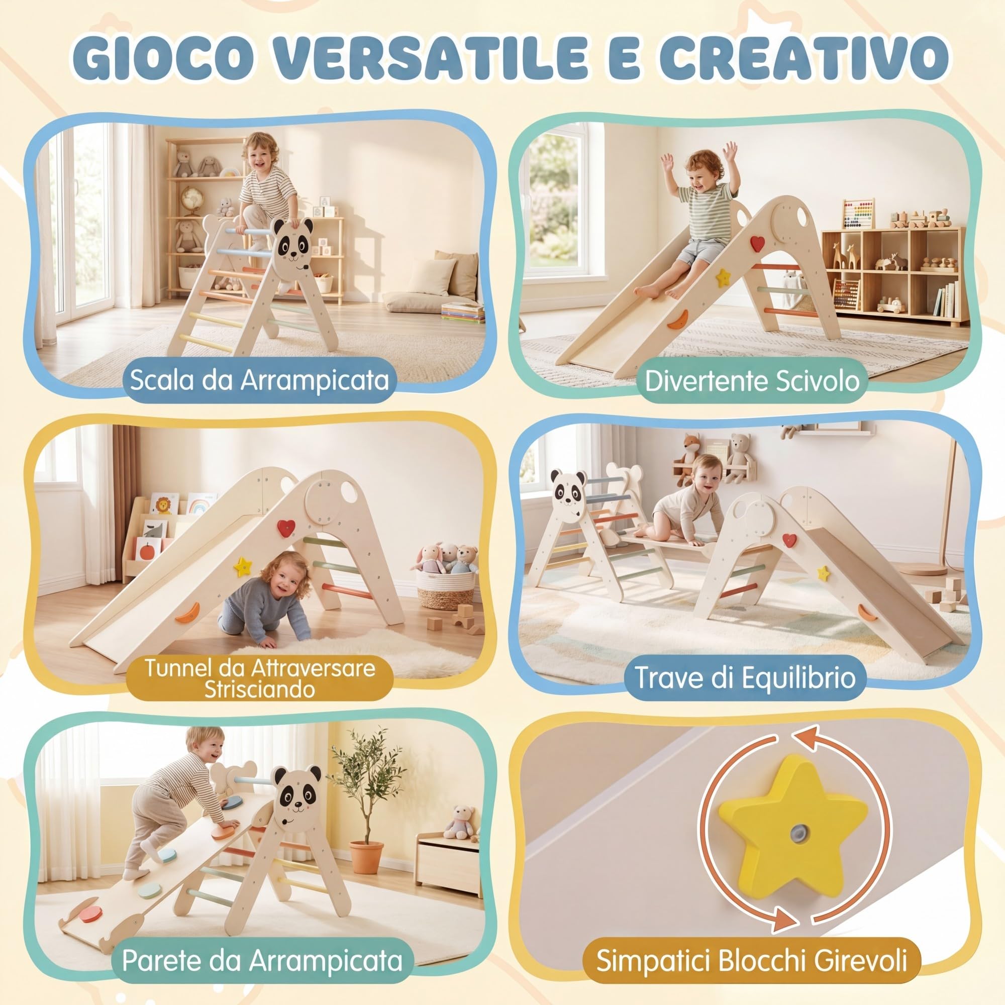 RELAX4LIFE 4 in 1 Triangolo da Arrampicata, Arco da Arrampicata in Legno con Scala e Scivolo, Rampa a Doppia Faccia, Triangolo Giochi Montessori per Bambini 3+Anni (Beige)