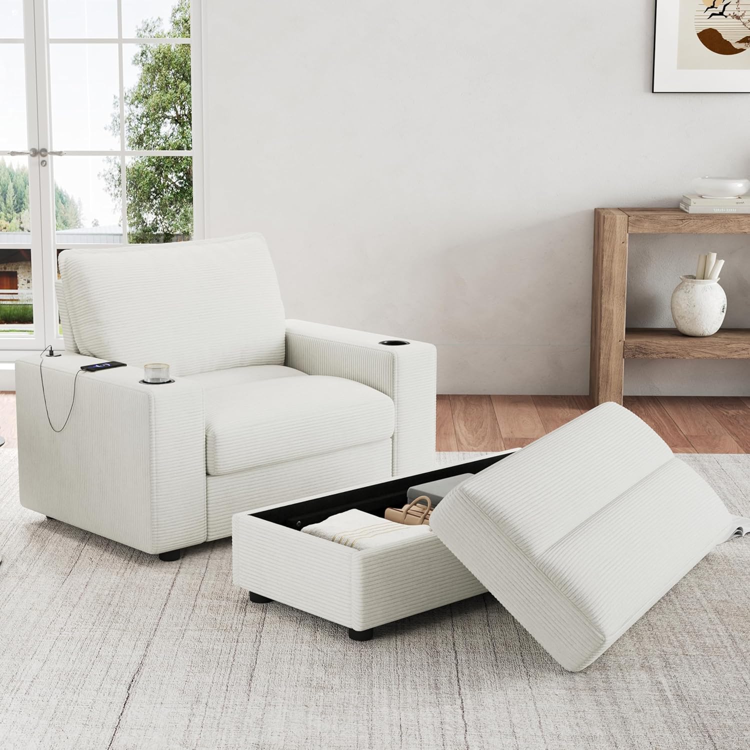 Eafurn 43" Oversized Accent Chair with Storage Ottoman,Corduroy Sleeper Chair Lounge Armchair with Built-in USB & Type-C Ports, 2 Cup Holders, Comfy Deep Seat Reading Sofa Couch