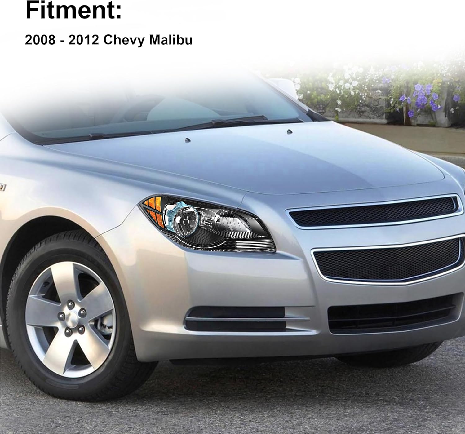 Headlights Assembly Fit For 08-12 Chevy Malibu 2008 2009 2010 2011 2012 Chevy Malibu 08 09 10 11 12 Chevy Malibu Headlamp Replacement Left Side And Right Side (Black Housing Amber Reflector)