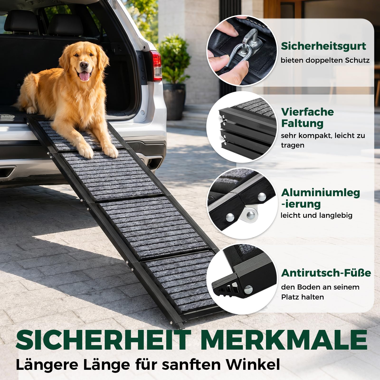 170 cm Extra Lange Hunderampe Auto Klappbar, rutschfeste Hundetreppe Auto mit Griffiger Teppichoberfläche, Stabile Aluminiumrampe für Große und Mittelgroße Hunde bis 110 kg, für SUV, Auto und LKW