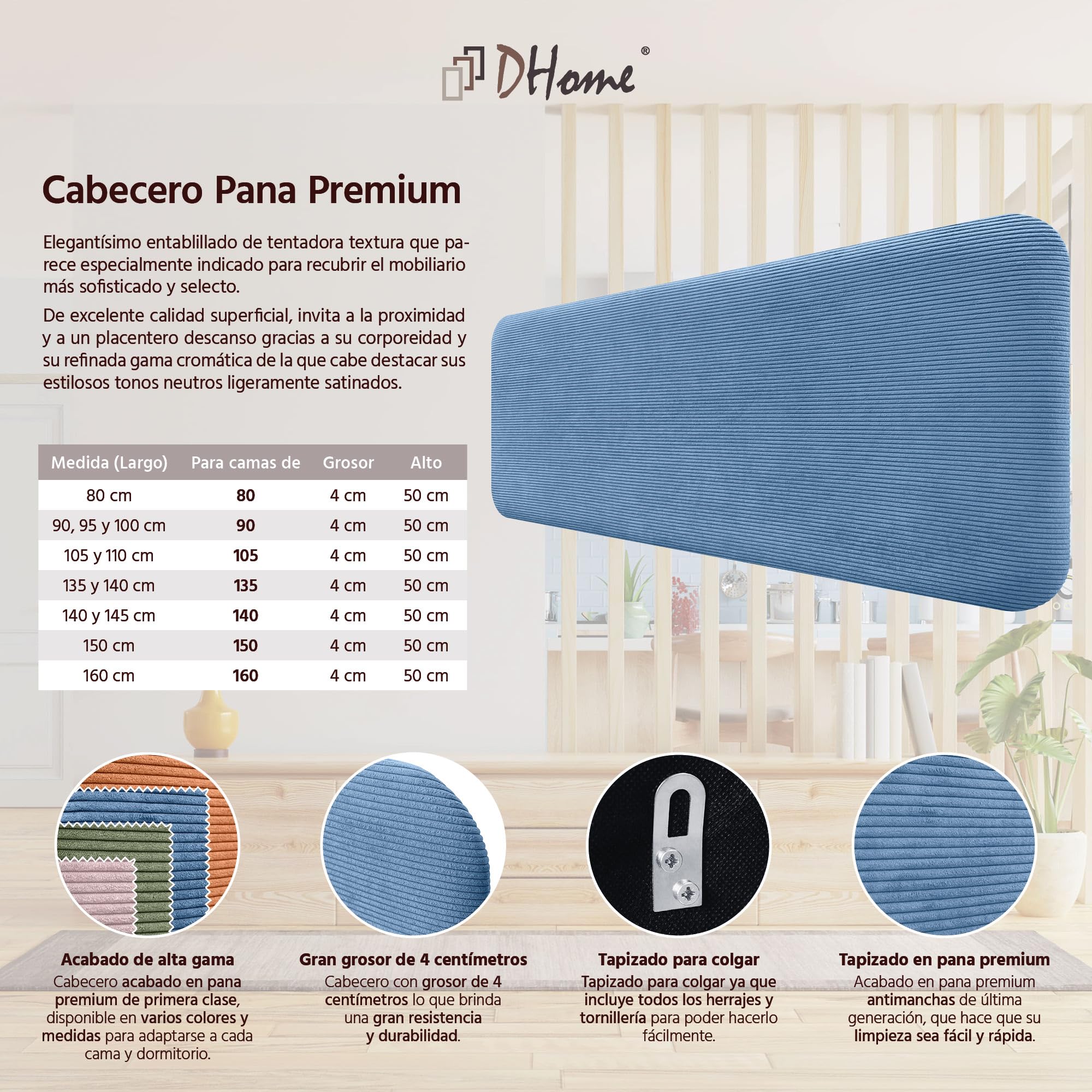 DHOME Testiera Imbottita Liscia Arrotondata in Velluto Premium per Parete Acustica Testate Letto Fonoassorbenti Camera da Letto (Blu, 160cm)