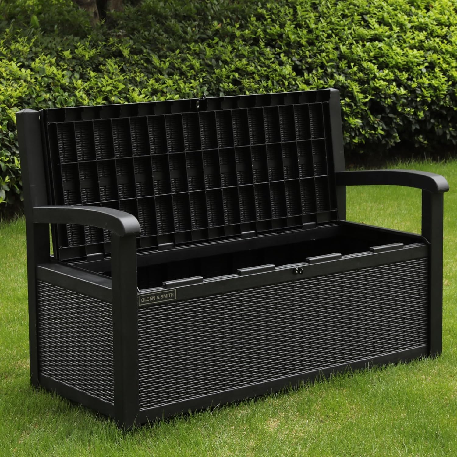 Olsen & Smith 265 Liter Gartenbank Wetterfest mit Stauraum Truhenbank Verschließbare Aufbewahrungsbox Auflagenbox Kunststoff Wetterbeständig Wasserdicht für Werkzeuge Spielzeug Decken und Mehr Schwarz