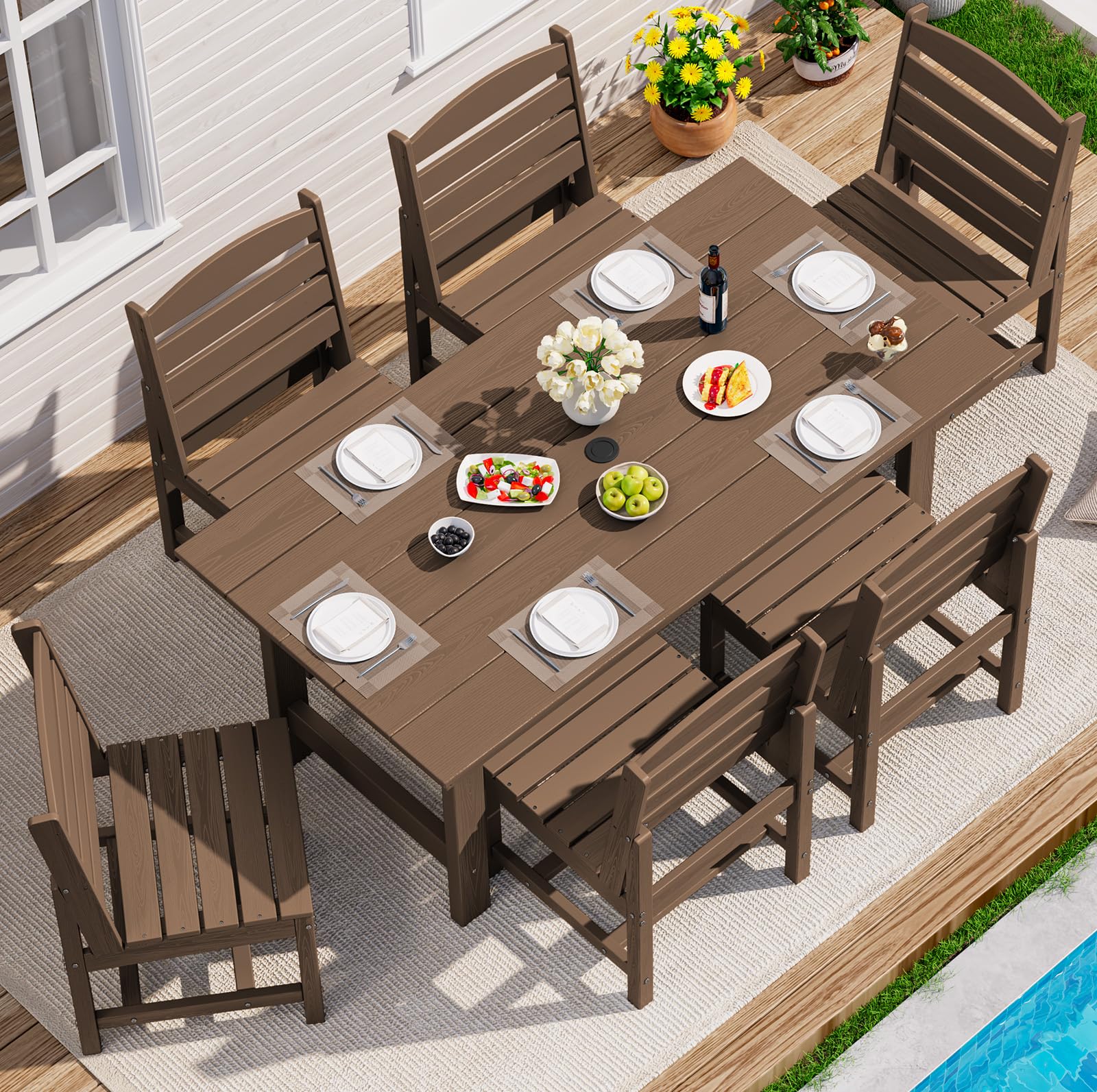 SERWALL 7-Pc HDPE Patio Dining Set, 1 Table &amp; 6 Armless Chairs, Brown | HDPE Outdoor Dining Set with Rectangular Table &amp; 6 Armless Chairs, All-Weather Resistant SERWALL Dining Set for 6