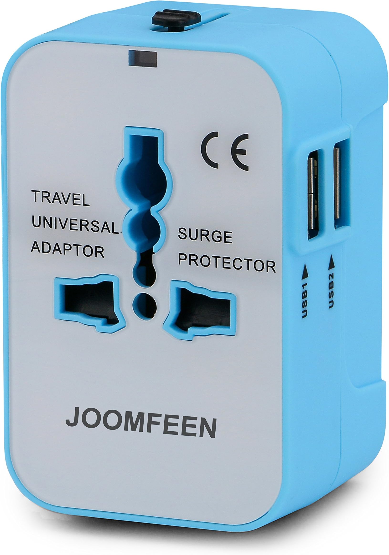 Travel Adapter, JOOMFEEN Worldwide All in One Universal Power Wall Charger AC Power Plug Adapter with Dual USB Charging Ports for USA EU UK AUS Cell Phone Laptop (Blue/White)
