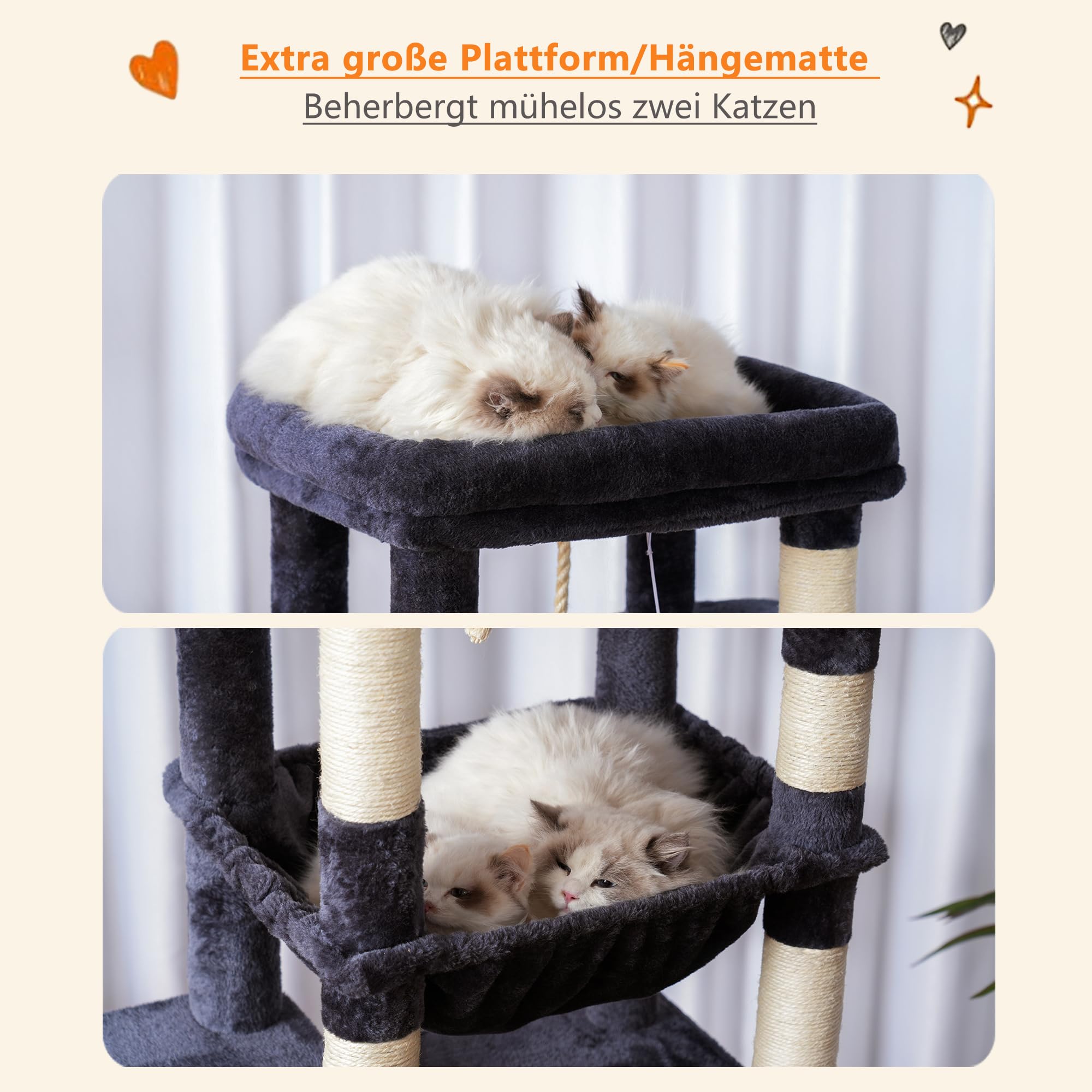 Heybly Kratzbaum, mit Decken, für große Katze, Katzenbaum, große Plattformen, Höhle, 50 x 50 x 153cm, Rauchgrau HCT050G