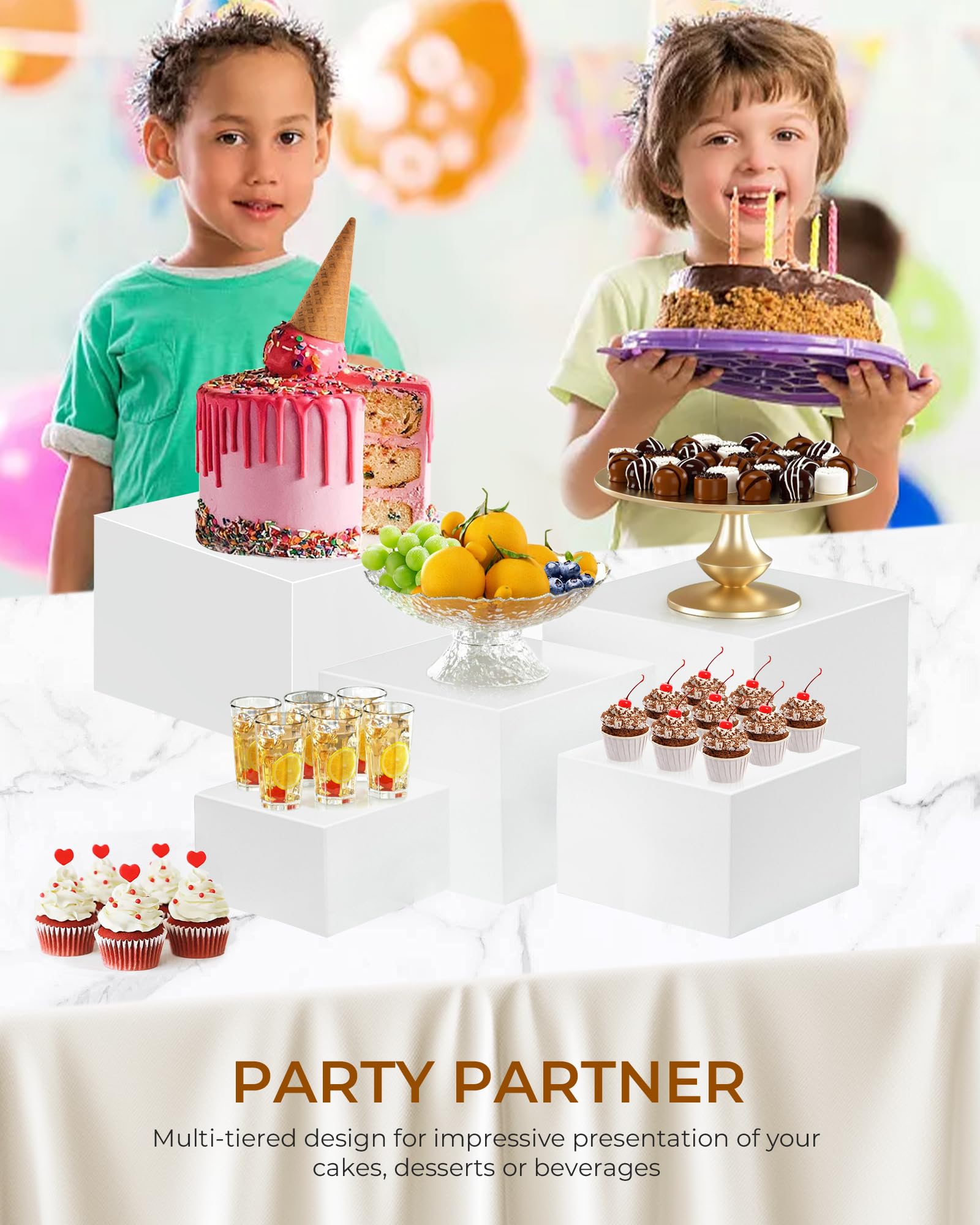 Alzatine per Allestimenti, Set di 8 Alzate per Buffet, Espositore da Buffet per Aperitivo, Alzata per Dolci in Acrilico per Torte, Dessert, Gioielli, Supporto Cubico Annidabile Bianco （3-10in）