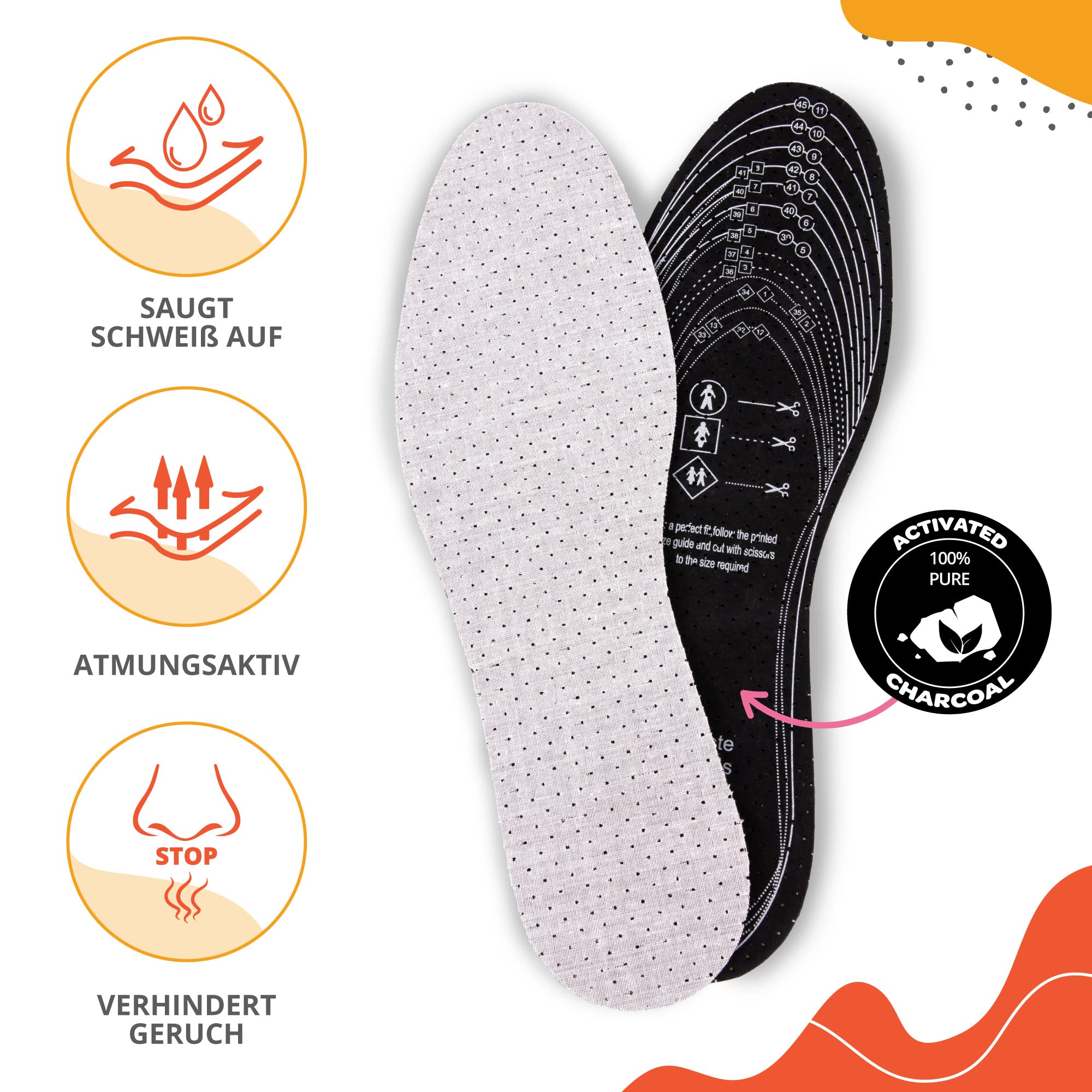 SULPO 8 Paar Aktivkohle Einlegesohlen gegen Schweissfüsse - für frische Schuhe und Füße - komfortable Schuheinlagen - leicht und handwaschbar - Einlagen zum Zuschneiden