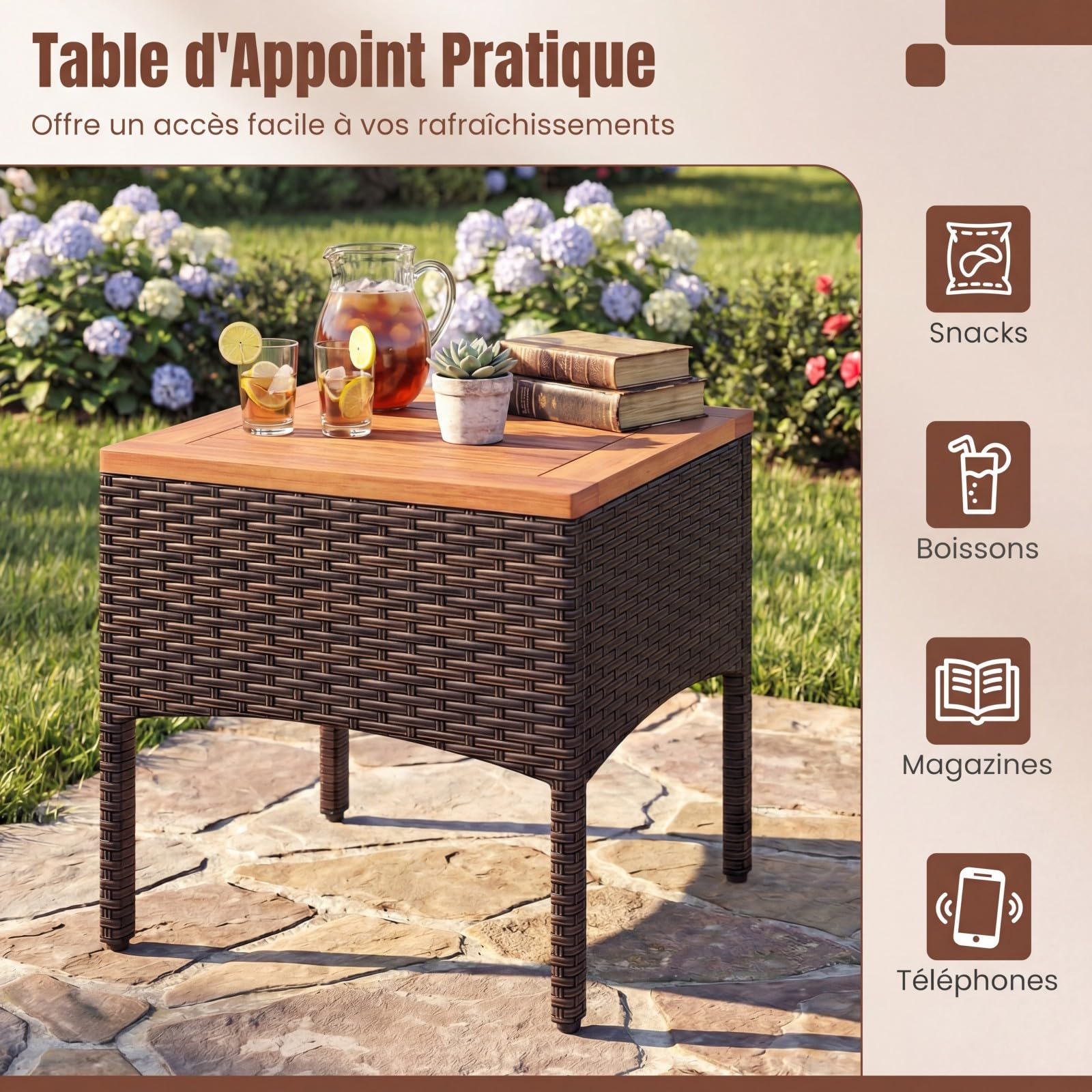 COSTWAY Salon de Jardin Exterieur 3 Pièces en Rotin PE, Ensemble de Meubles 2 Fauteuils Table Basse Plateau en Bois d'Acacia avec Coussin Amovible, pour Jardin Balcon Piscine (Beige)
