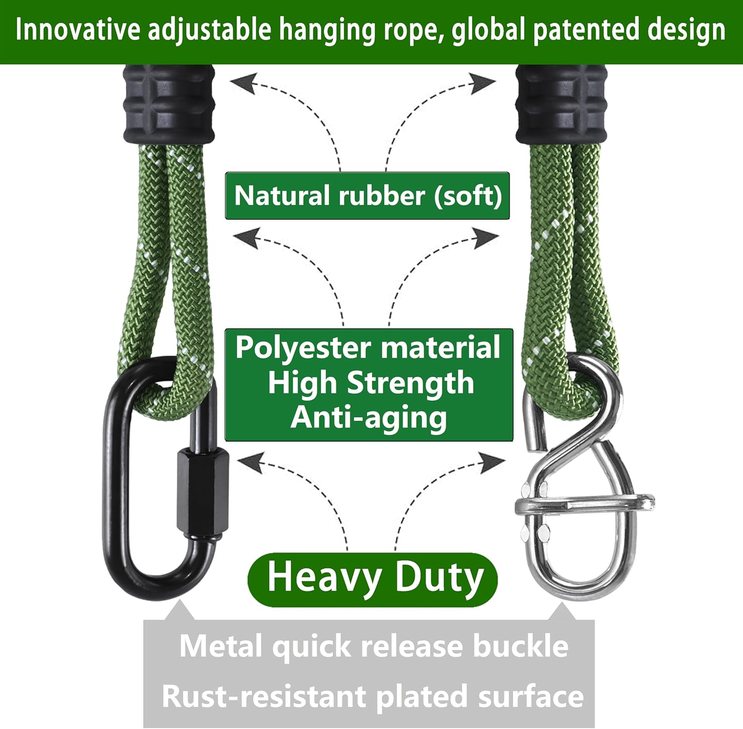 Heavy Duty Tree Swing Ropes Hammock, Hanging Straps, Adjustable Extendable for Outdoor Swings Hammock Playground Set Accessories, 7.25ft(87") of 2, Green 1