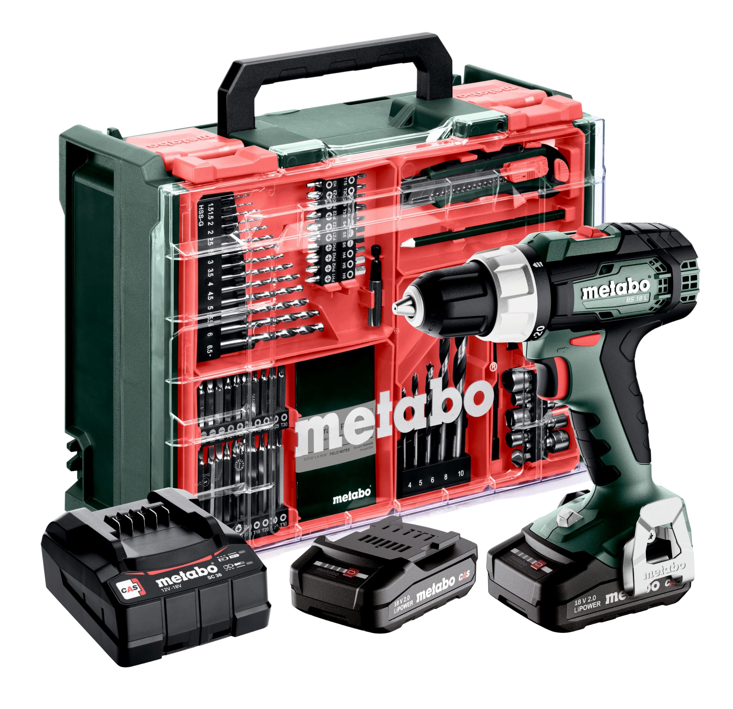 Metabo BS 614051710 Perceuse-visseuse sans fil 18 L avec batterie et coffret en plastique (2 batteries LiPOWER 18 V 2 Ah, diamètre de perçage 13 mm/36 mm, poids 1,6 kg)