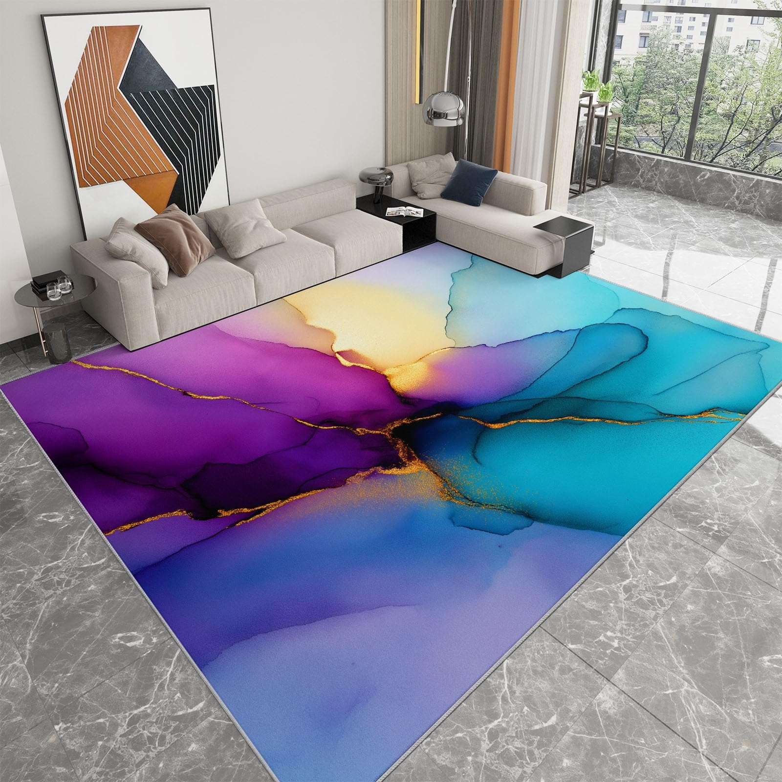 Tapis de salon bleu-violet avec dessin au trait abstrait moderne