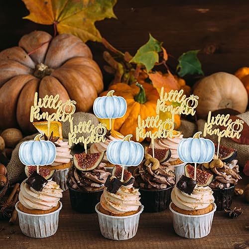 Miniatura 5 de Gyufise 24 adornos para cupcakes de calabaza con purpurina para decoración de pasteles de baby shower, pies de bebé, palillos de calabaza para