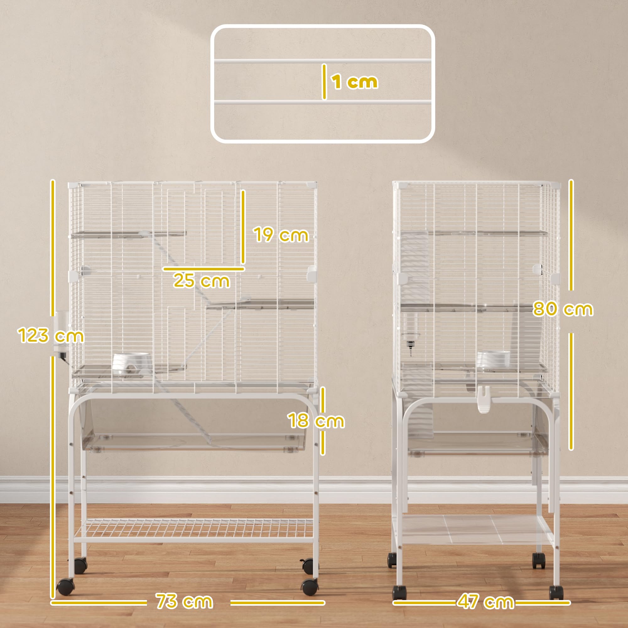 PawHut Jaula para Animales Pequeños de 4 Niveles con Ruedas Jaula para Roedores con Bandeja Profunda Rampas Plataformas Comedero y Bebedero Recinto para Chinchillas Hurones Hámster 73x47x123 cm Blanco