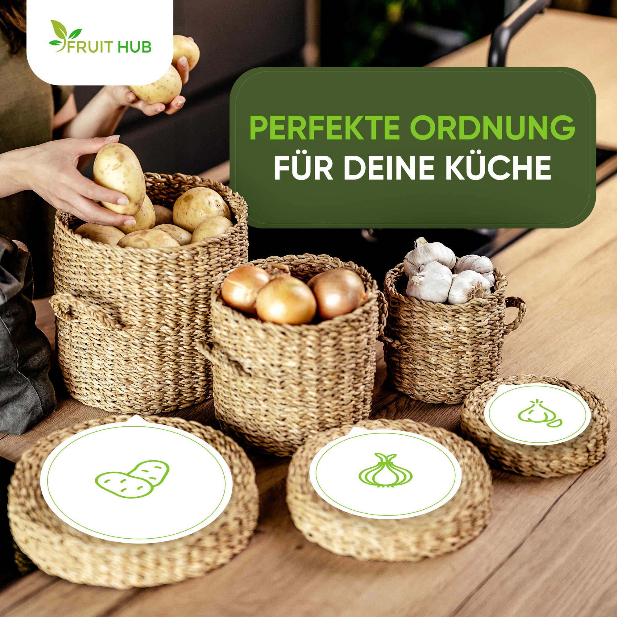 Kartoffel Aufbewahrung 3er Set aus Seegras - Zwiebel & Knoblauch Aufbewahrung - Nachhaltiger Gemüsekorb für Küche & Vorratsraum - Handgefertigt & Plastikfrei