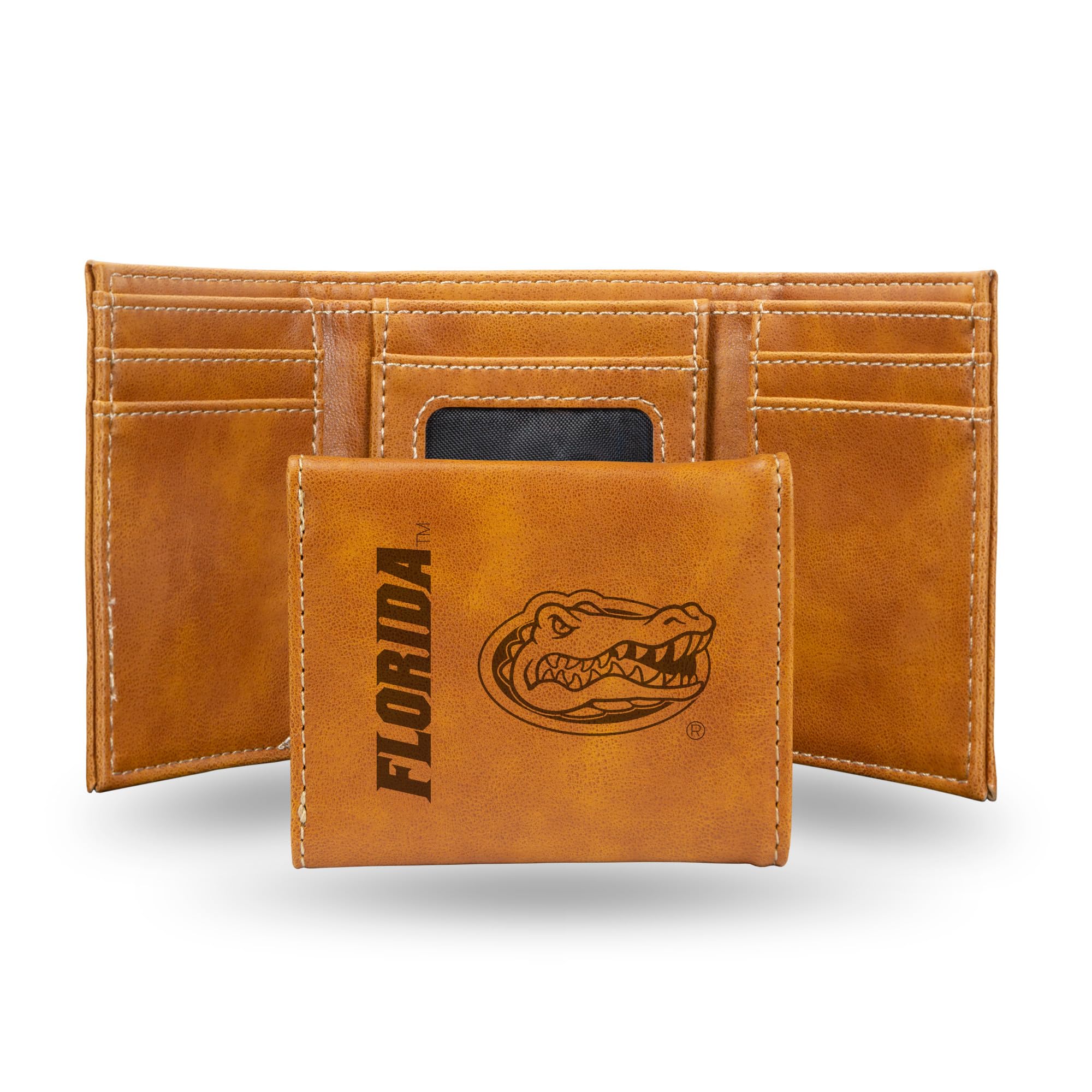 NCAA University of Florida Men's Tri Fold Brown Wallet- Premium 10 Pocket Laser-Engraved Team Logo on Vegan Leather- Minimalist Design, Flip ID Window, Credit Card Holder- Ideal Men's Gift