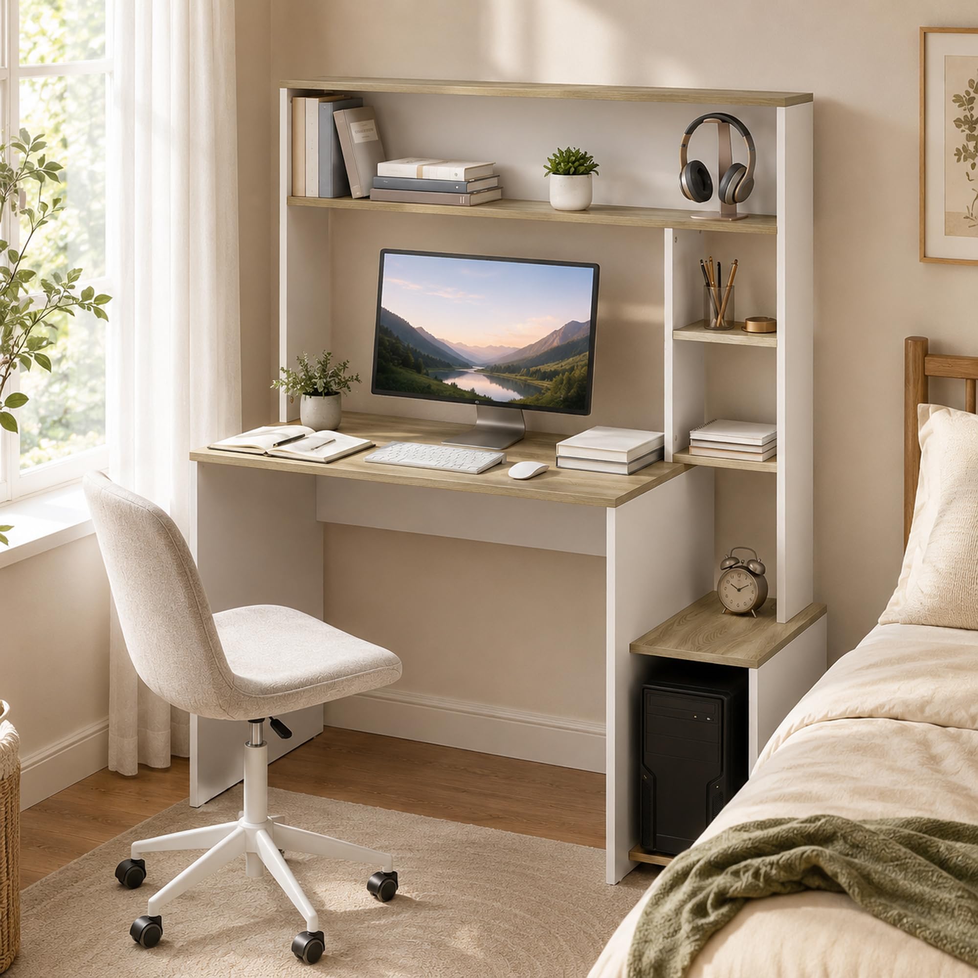 HOMCOM Bureau avec Rangement 114 x 45 x 138 cm Blanc et Bois Naturel