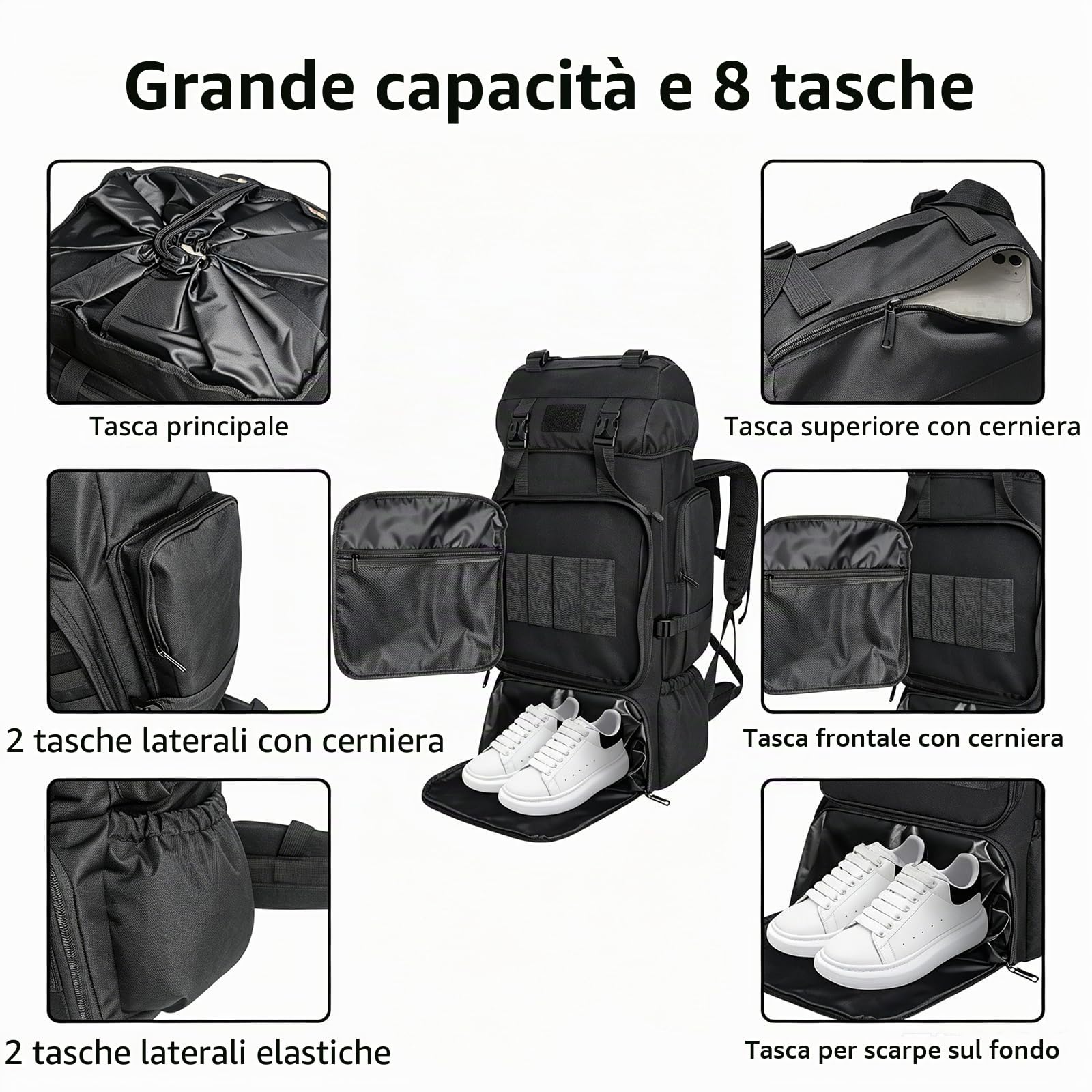 80L 100 litri Zaino Escursionismo Campeggio Zaino, Uomini Outdoor Viaggi Arrampicata Zaino Alpinismo Trekking Zaino, 80l nero con tasca per scarpe