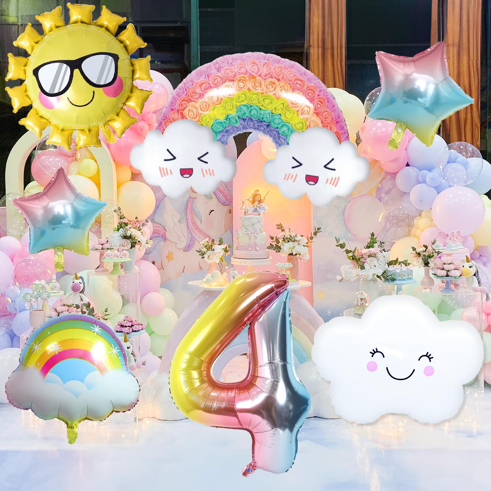 Dekoracje na 4. urodziny dla dziewczynki, zestaw tęczowych balonów urodzinowych ze słońcem, tęczowymi gradientowymi gwiazdami i 102 cm, balon foliowy z cyfrą 4, na tęczowy motyw dziewcząt, artykuły