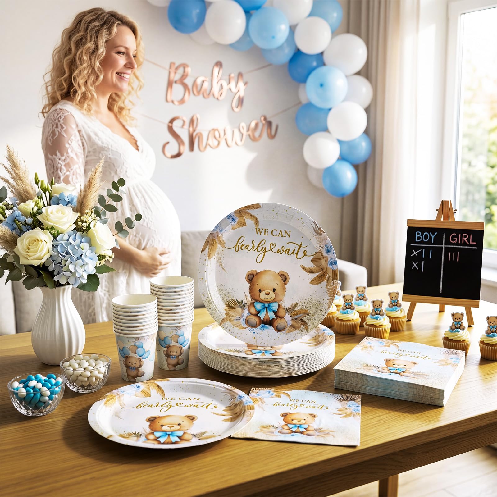Ziliny Lot de 200 décorations de fête prénatale en forme d'ours bleu « We Can Bearly Wait » - Assiettes en papier, serviettes, tasses, fournitures de bibliothèque, lecture, club, décoration de table