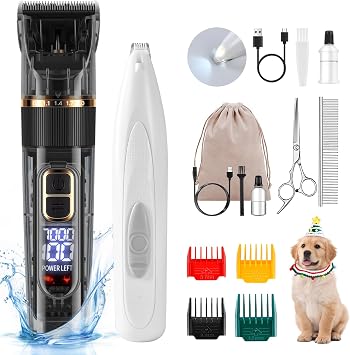 FURBONA Dog Paw Trimmer with LED Light & Dog Grooming Kit with LED Display - 3-Speed, Low Noise, Rechargeable, Waterproof Clippers for Dogs Cats Pets with All Variety of Coats