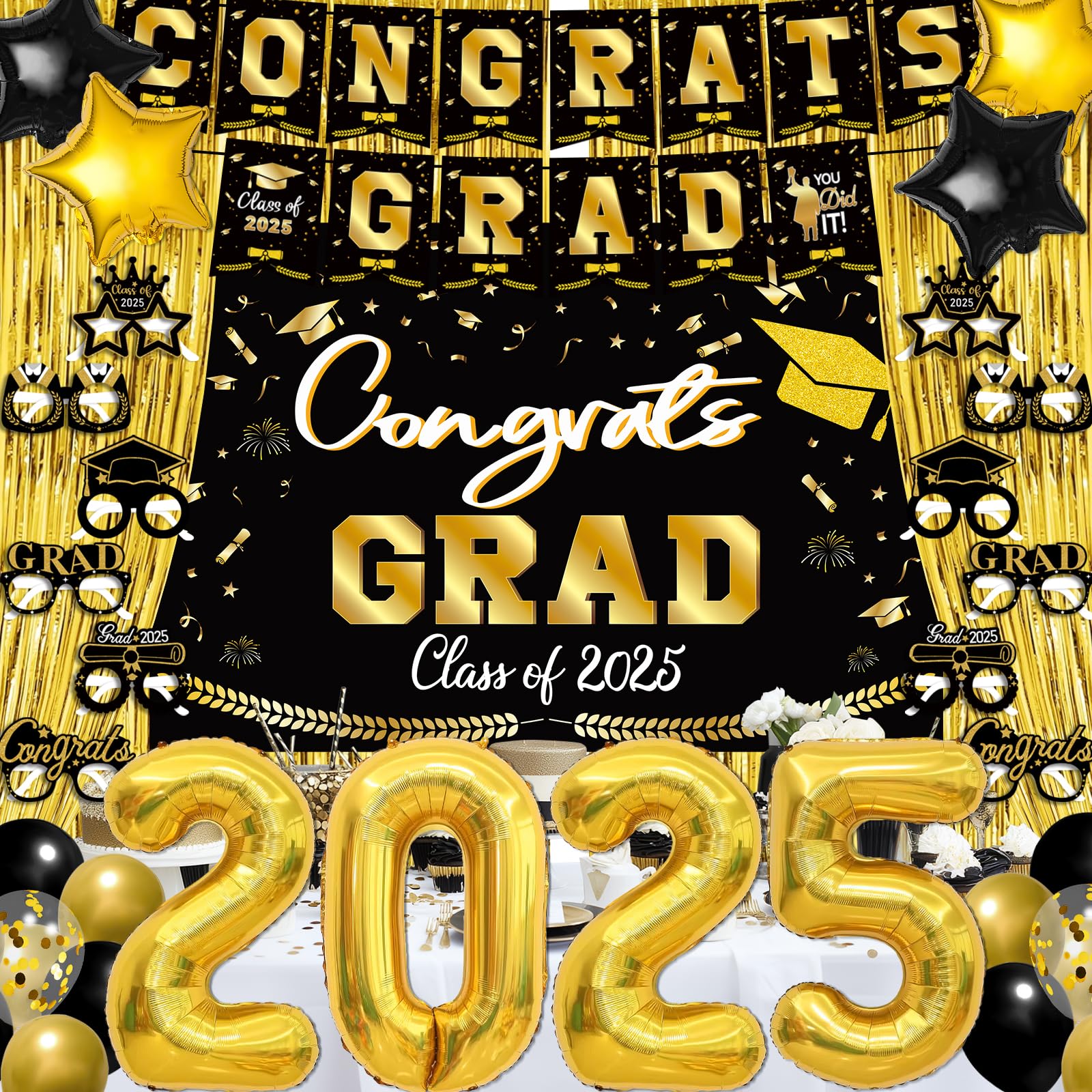 Graduation Decorations 2025 Banner, Black and Gold Graduation Party Supplies with Class of 2025 Banner Backdrop Fringe Curtains 32inch Gold Balloons