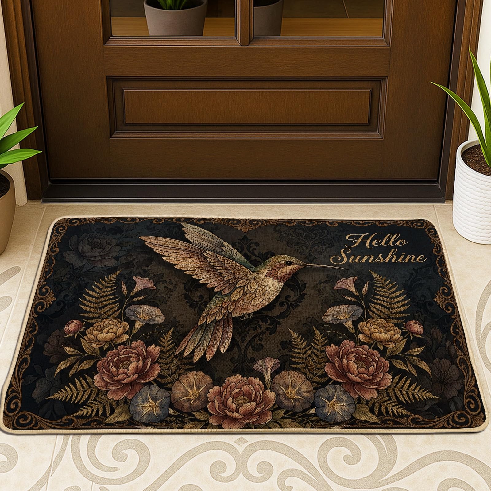 Paillasson colibri vintage antidérapant pour l'entrée et l'extérieur, tapis de sol 74x43 cm