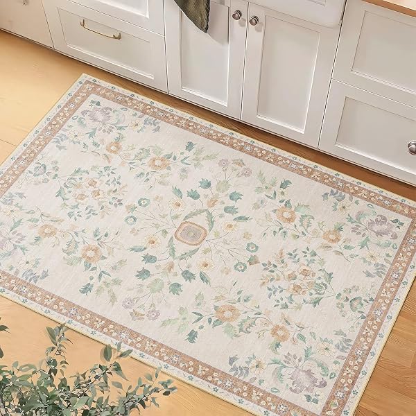 MUJOO Washable Area Rugs for Living Room Non Slip Throw Carpet for Bedroom Floral Vintage