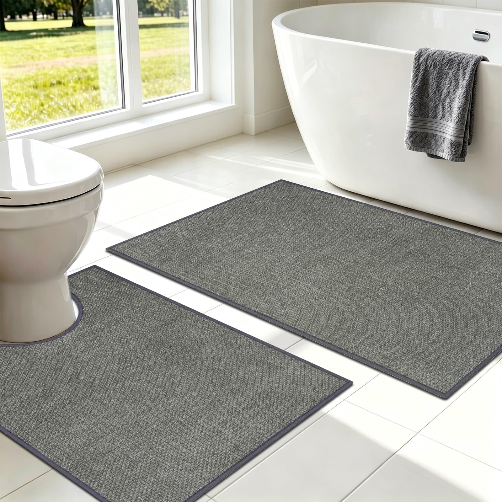 Famibay Set di 2 tappetini da bagno, antiscivolo, lavabili, assorbenti d'acqua, tappetino da bagno per pavimento del bagno, grigio