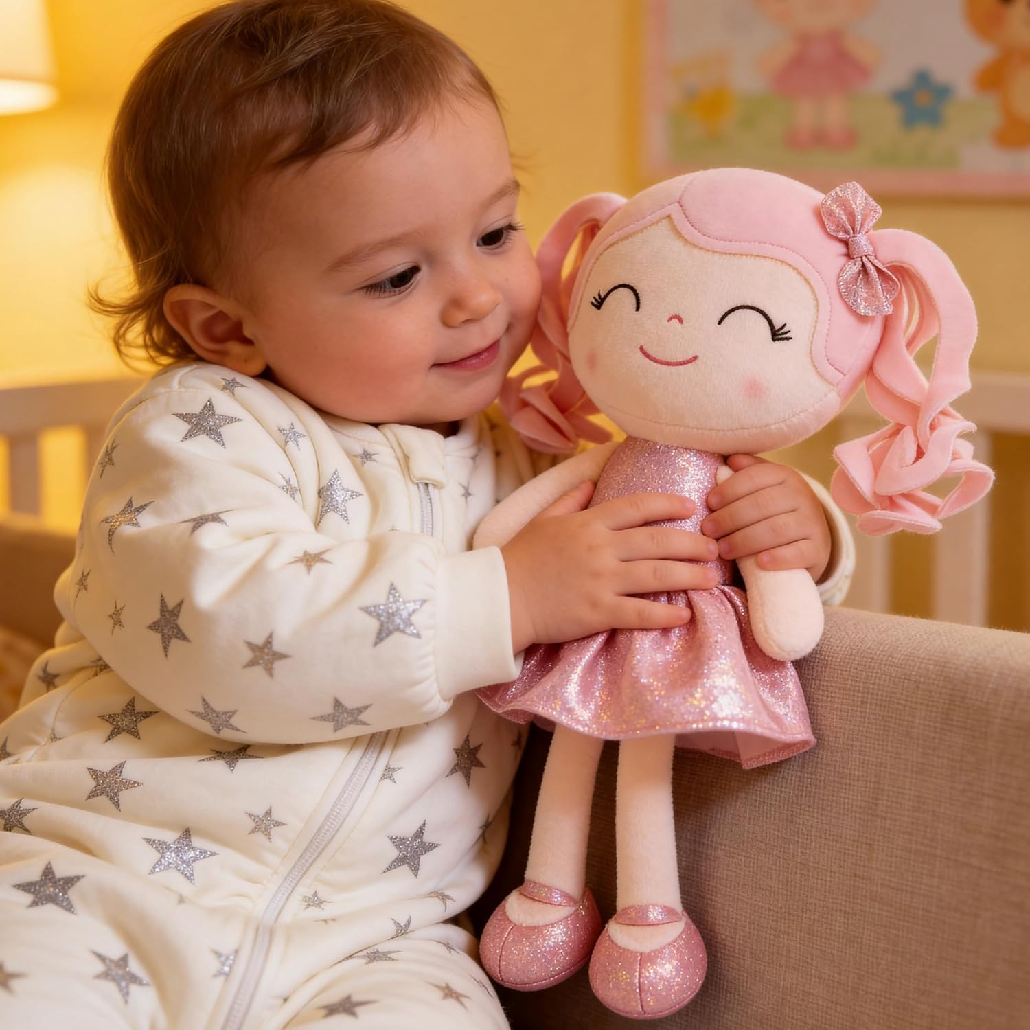 Gloveleya Baby Dolls Soft Snuggly Doll First Baby Girl Gifts Plush Doll with Sparkling Dress Pink 12inches Pearlescent Series