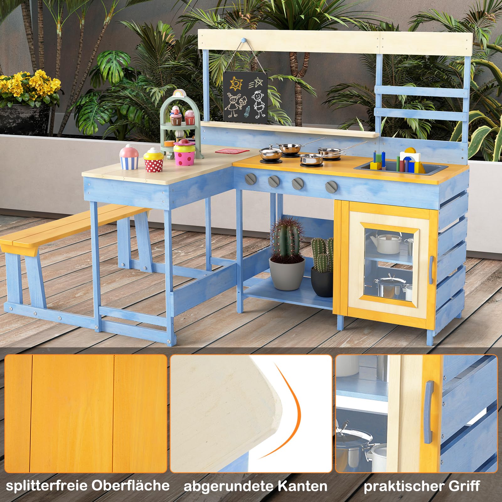COSTWAY Matschküche mit Picknicktisch & Bank, Kinderküche Tannenholz mit Dessertzubehör Küchengeschirr und Tafel, Spielküche Outdoor Küche für Kinder ab 3 Jahren (Hellblau)