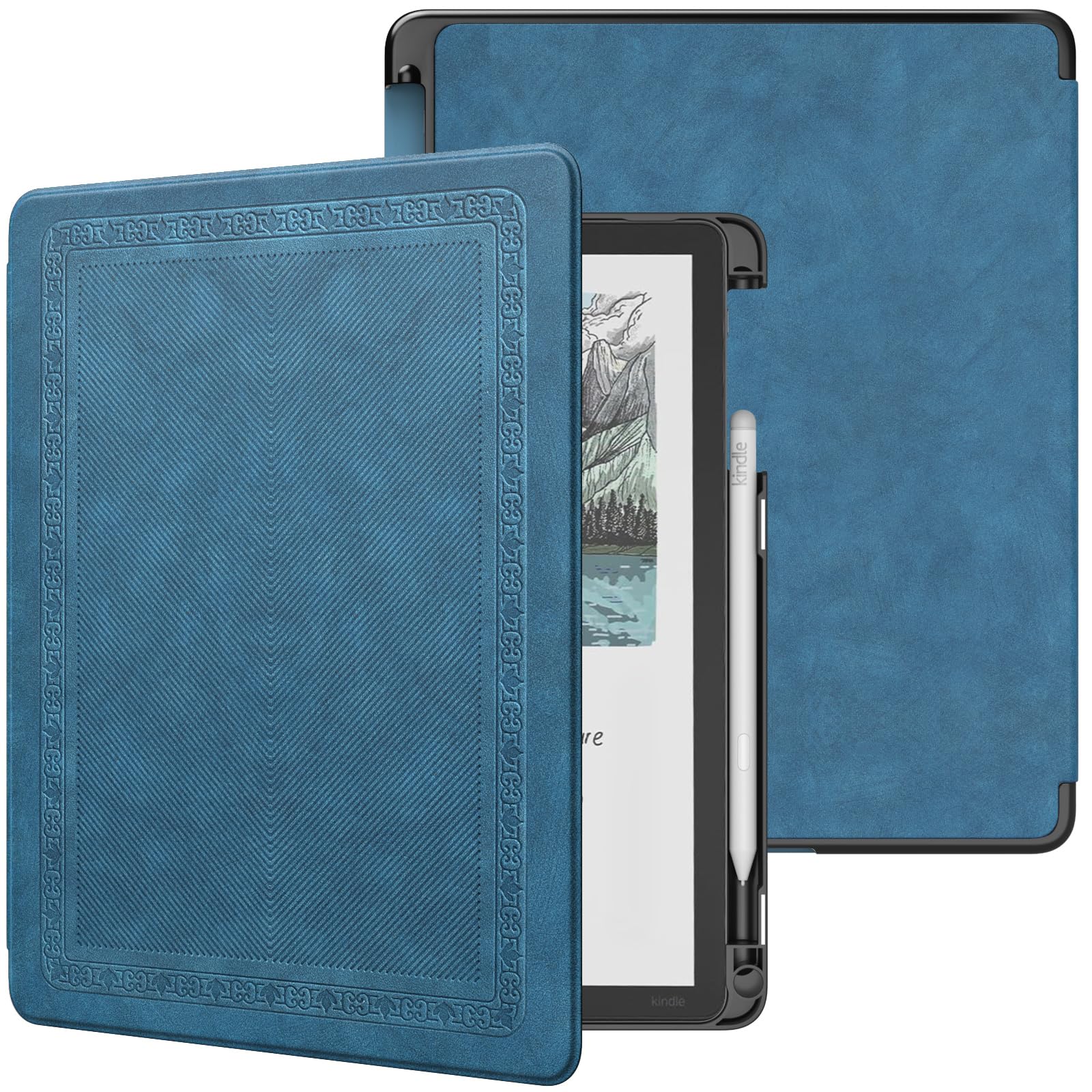 MoKo Custodia con Portapenna per Kindle Scribe 11" 3a Gen 2025 e Colorsoft 1a Gen 2025, Leggera Custodia a Conchiglia con Auto Sonno/Sveglia, Twill Vintage Blu