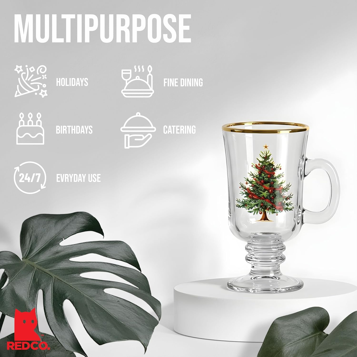 Red Co. Set of 4 Clear Glass 8 Fl Oz Christmas Tree Drinking Tumblers with Gold Rim – Irish Coffee Mug
