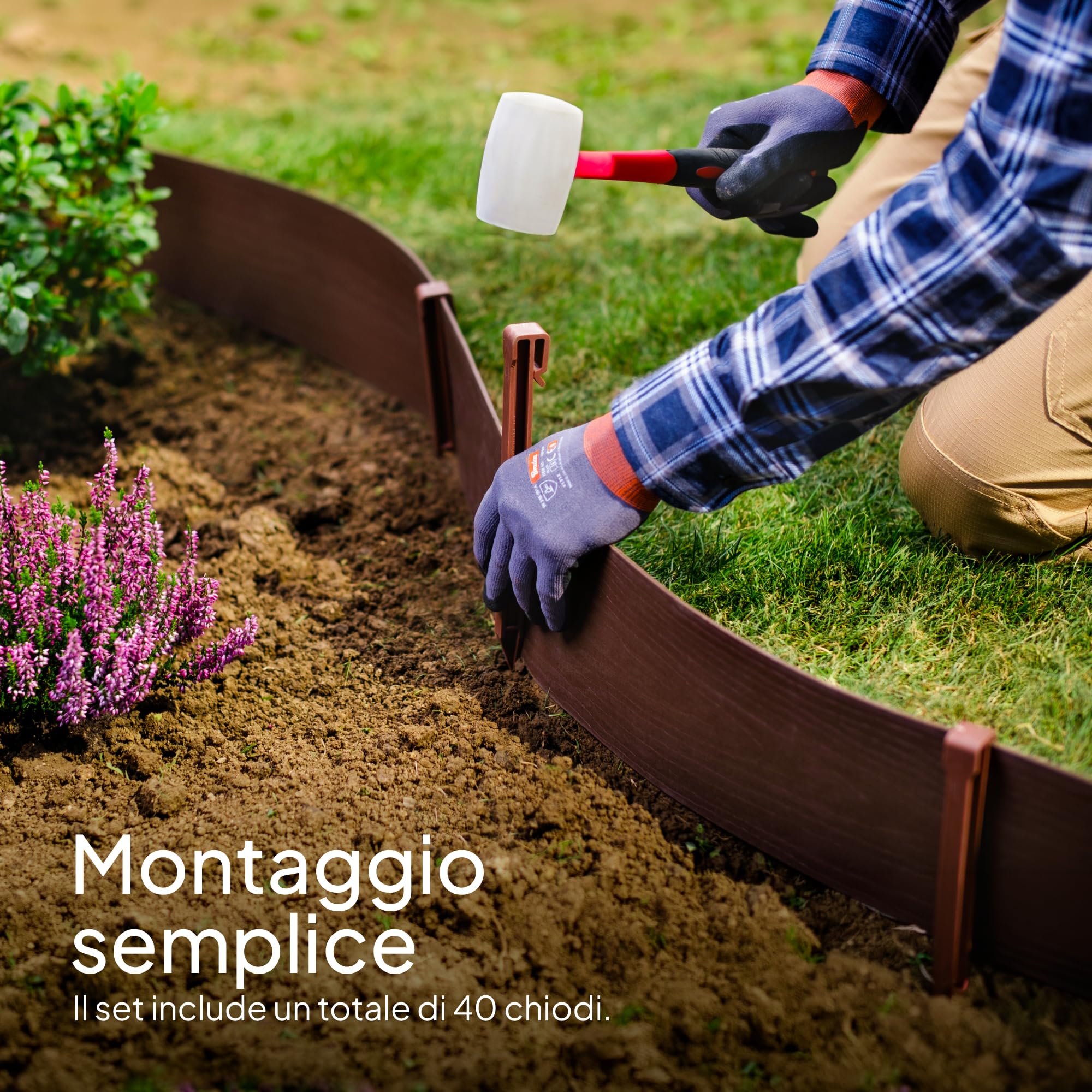 UNIGARDIA Bordura per Aiuola 20 m con 40 Picchetti di Fissaggio - Altezza 13 cm, Spessore 3 mm - Bordatura per Giardino in Plastica - Uso Semplice, Marrone con Decori in Legno