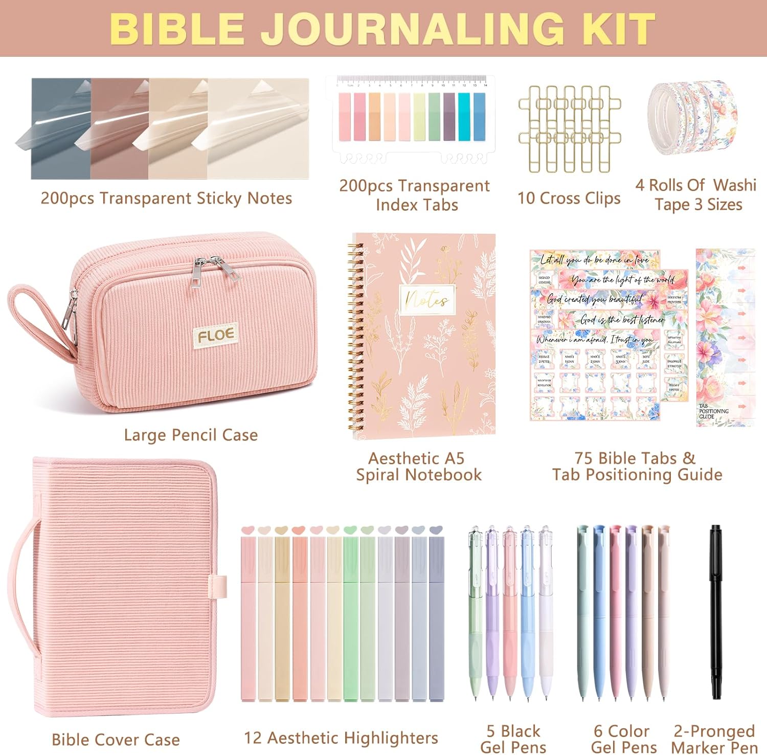 Bible Study Supplies Journaling Kit for Women with Bible Cover Case, Mothers Day Christian Gifts for Women Mom, Bible Study Tools Accessories Set w/Highlighter Pen, Pencil Case Notebook Annotation Kit