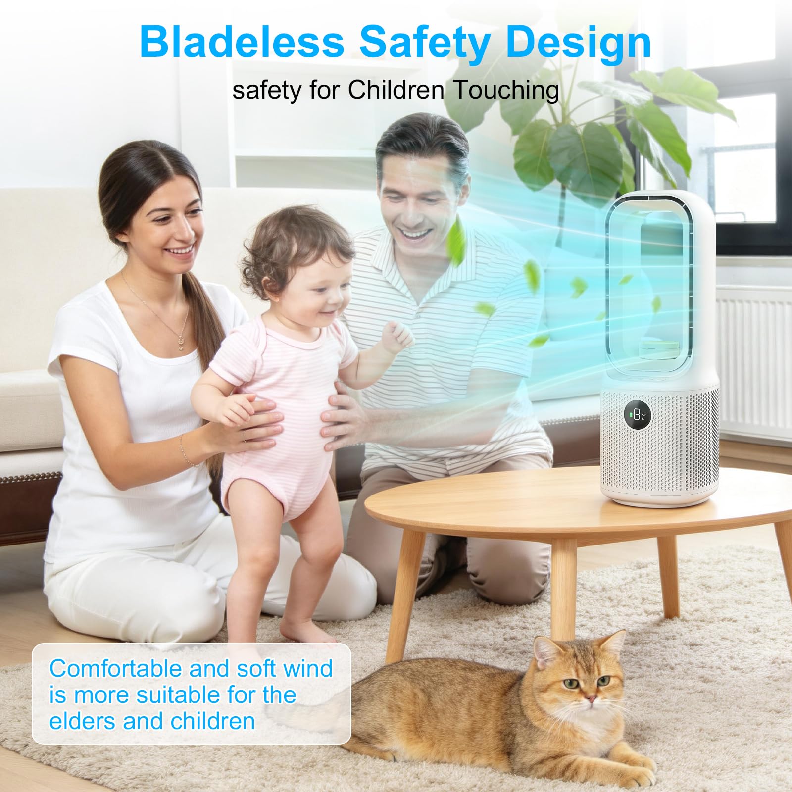 13'' Ventilatore a Torre,9 Velocità,Oscillazione a 60°,Ventilatore Senza Pale con Luce Notturna a LED Dimmerabile & Timer,Funzionamento Ultra Silenzioso,per Camere da Letto, Uffici e Camerette