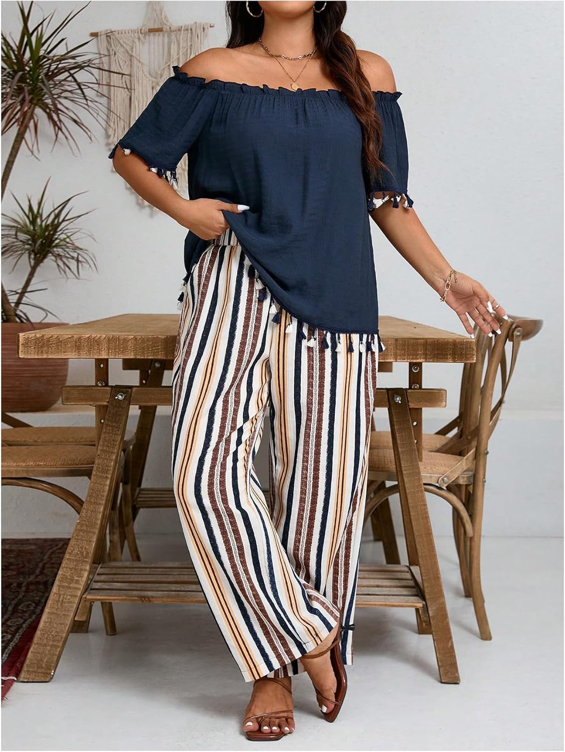 WDIRARA Women's Plus Size 2 Piece Set Off Shoulder Short Sleeve Striped Pants Outfits - Image 5