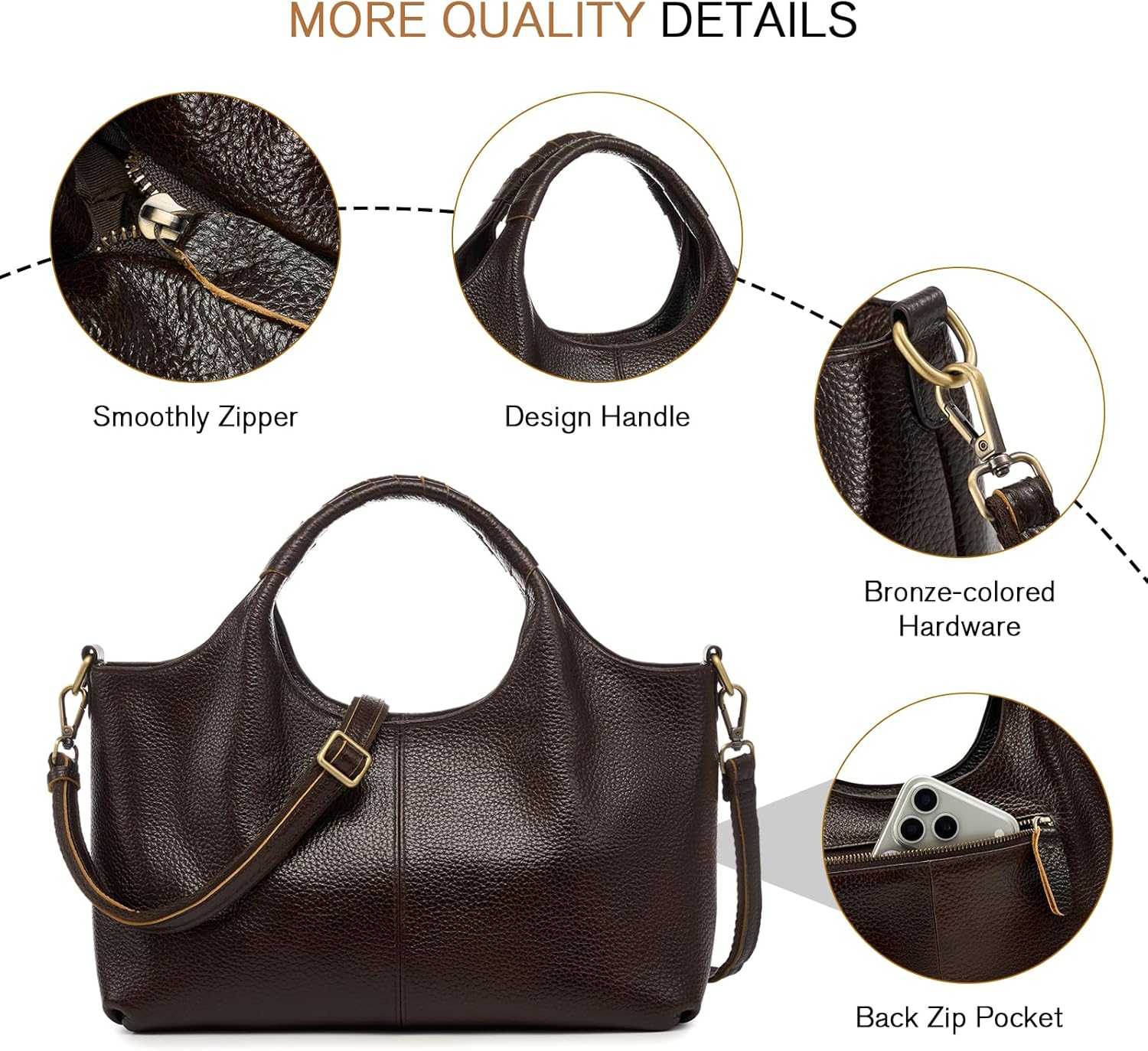 Genuine Leather Purses for Women with Detachable Satchel Strap, Designer Shoulder Bags with Top Handle, Ladies Handbag