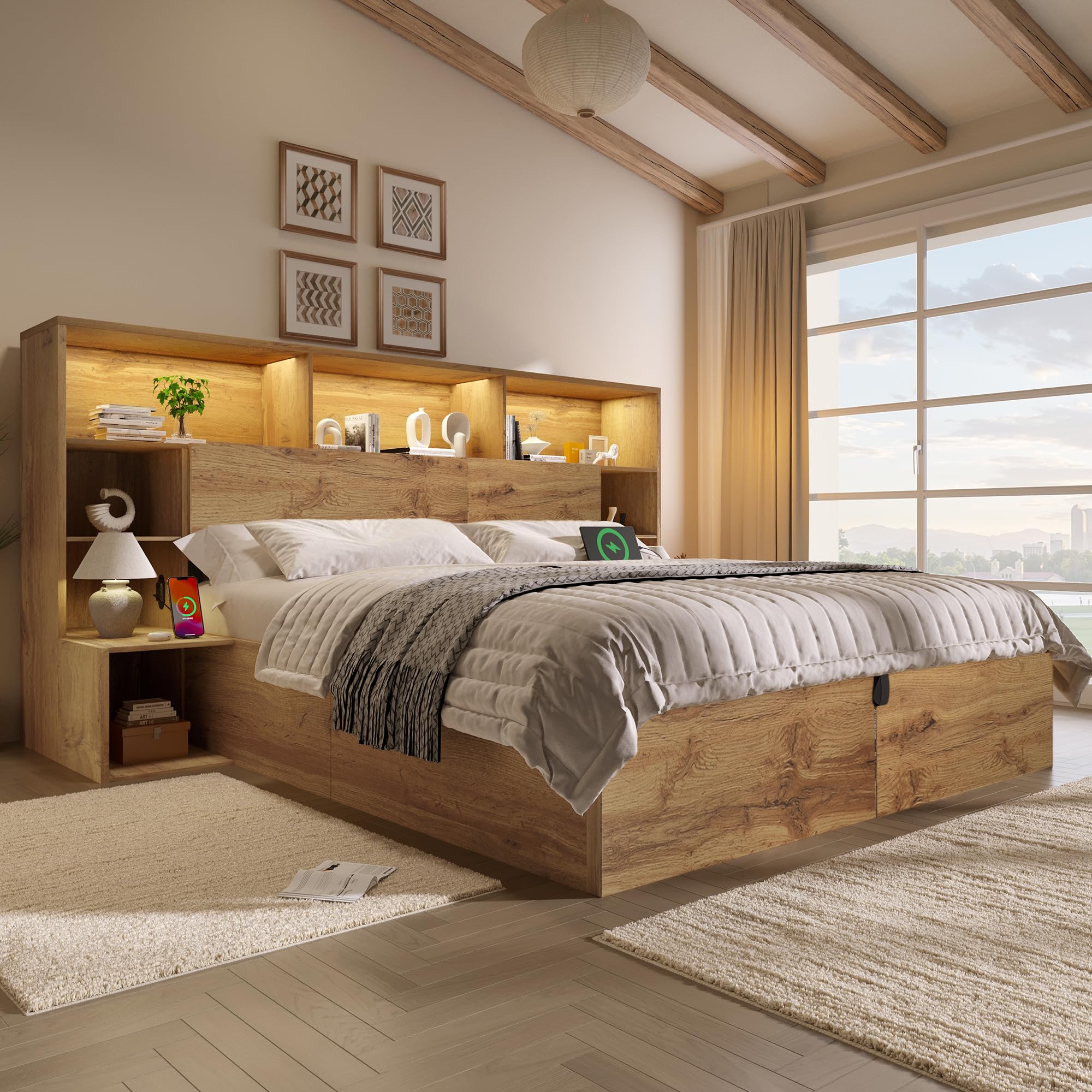 Kebnor Letto di sistema, effetto rovere con idraulico, letto matrimoniale in legno con comodini integrati, struttura del letto con rete a doghe e testiera, LED & USB-C, senza materasso (160 x 200 cm)