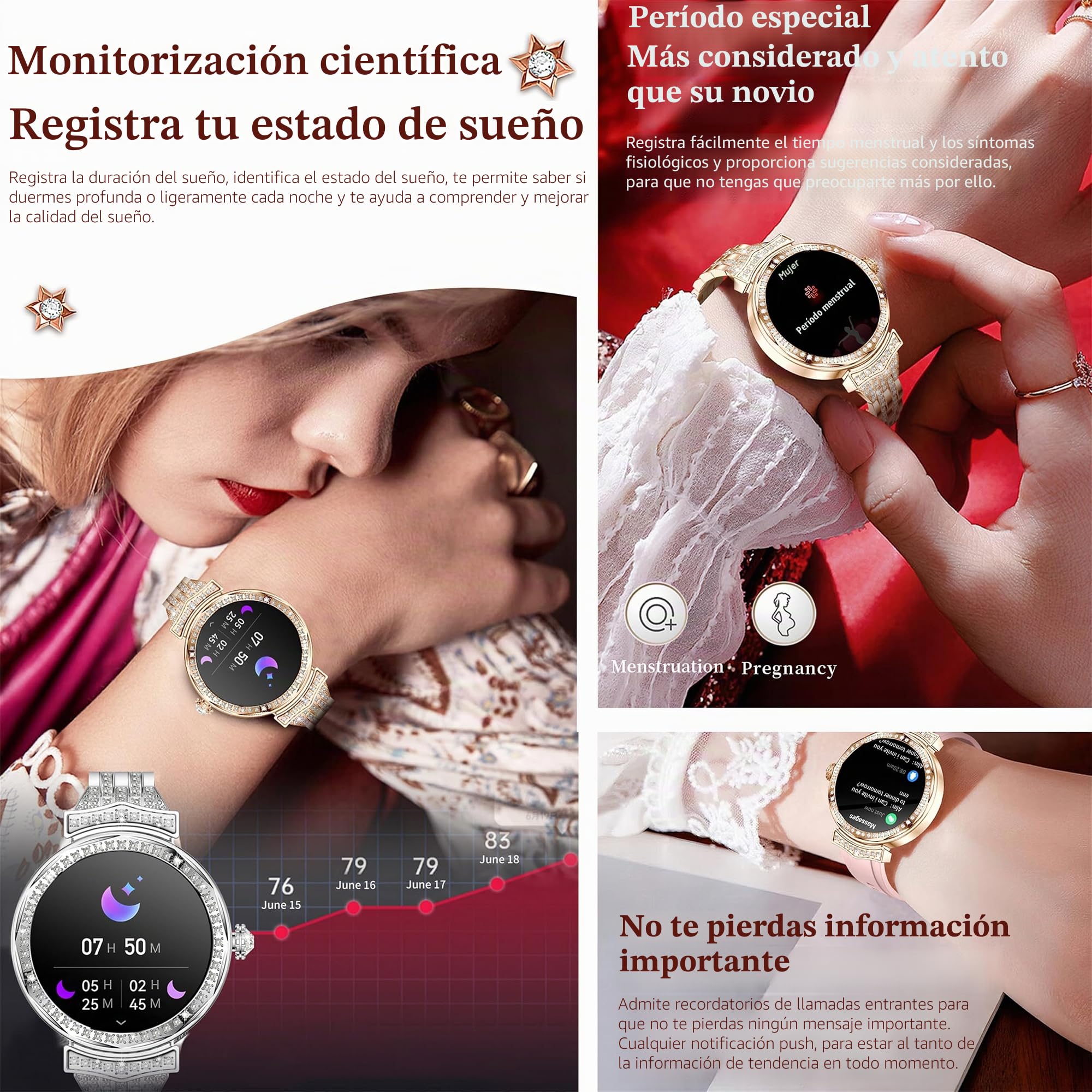 Reloj Inteligente Mujer con Llamadas, 1,32” AMOLED 5ATM Smartwatch Deportivo con Podometro Pulsometro SpO2 Sueño Presion Arterial Pulsera Actividad 5ATM Reloj para iOS Android, 3 Correas (plateado)