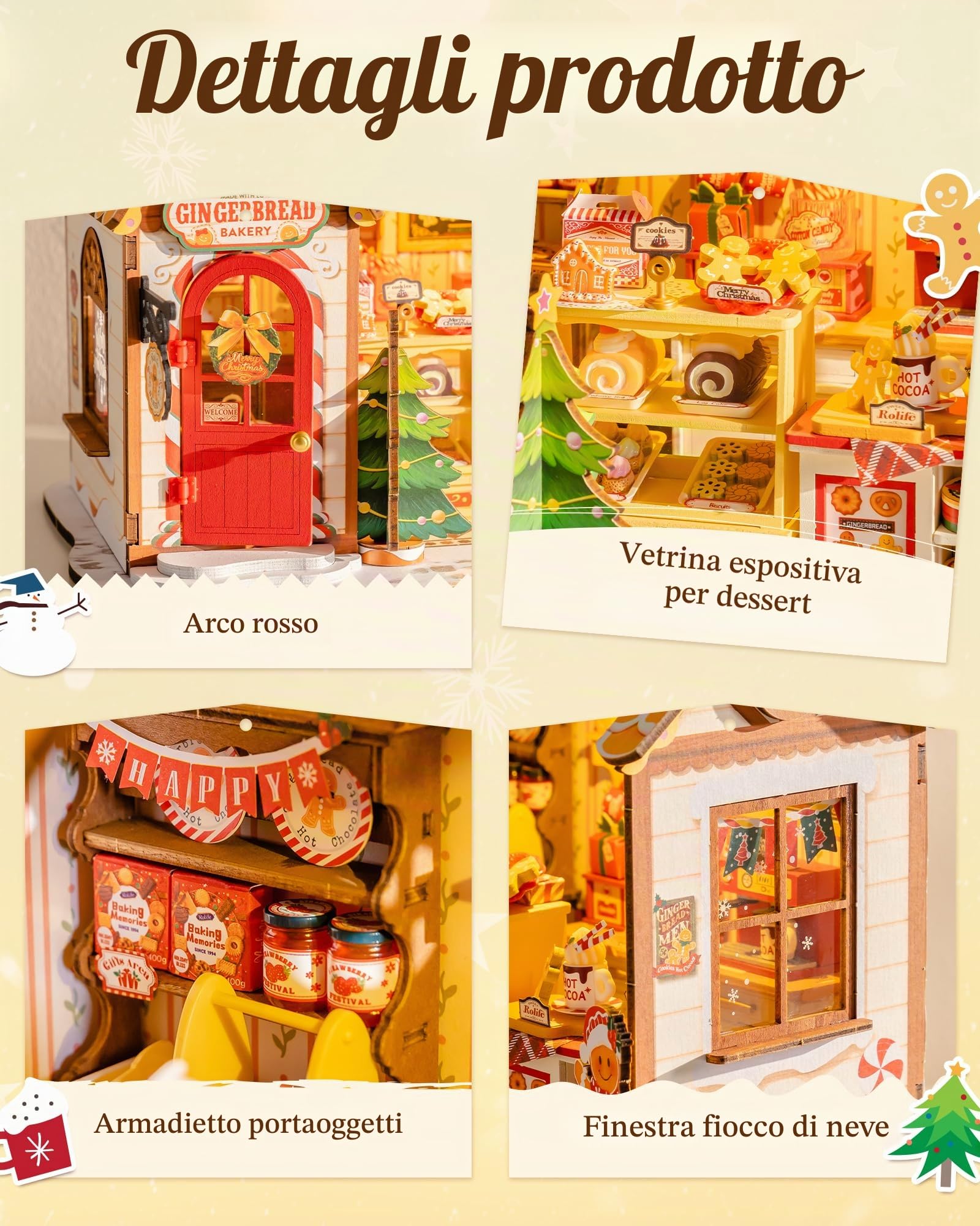 Rolife Casa delle Bambole di Natale Casetta Pan di Zenzero Kit Miniatura Fai-da-te Modello in Legno Decorazione Natalizia Regalo Creativo per Adulti e Ragazzi