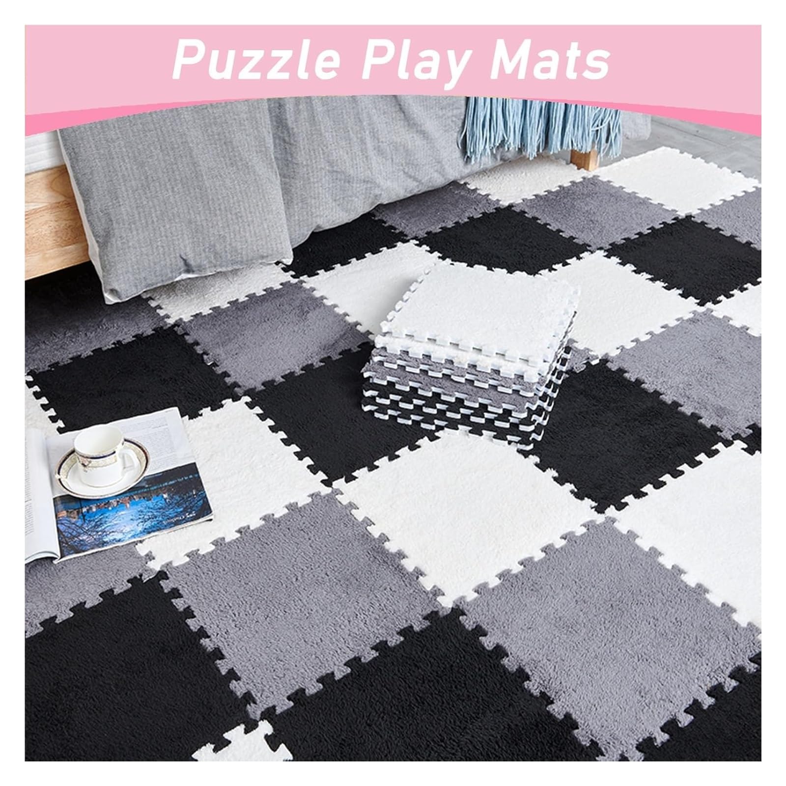10-częściowa mata podłogowa z puzzli, taka jak dywaniki, piankowa, pluszowe płytki dywanowe obramowaniem, 12x12 cali(Gray+white+navy Blue,0.23 inch)