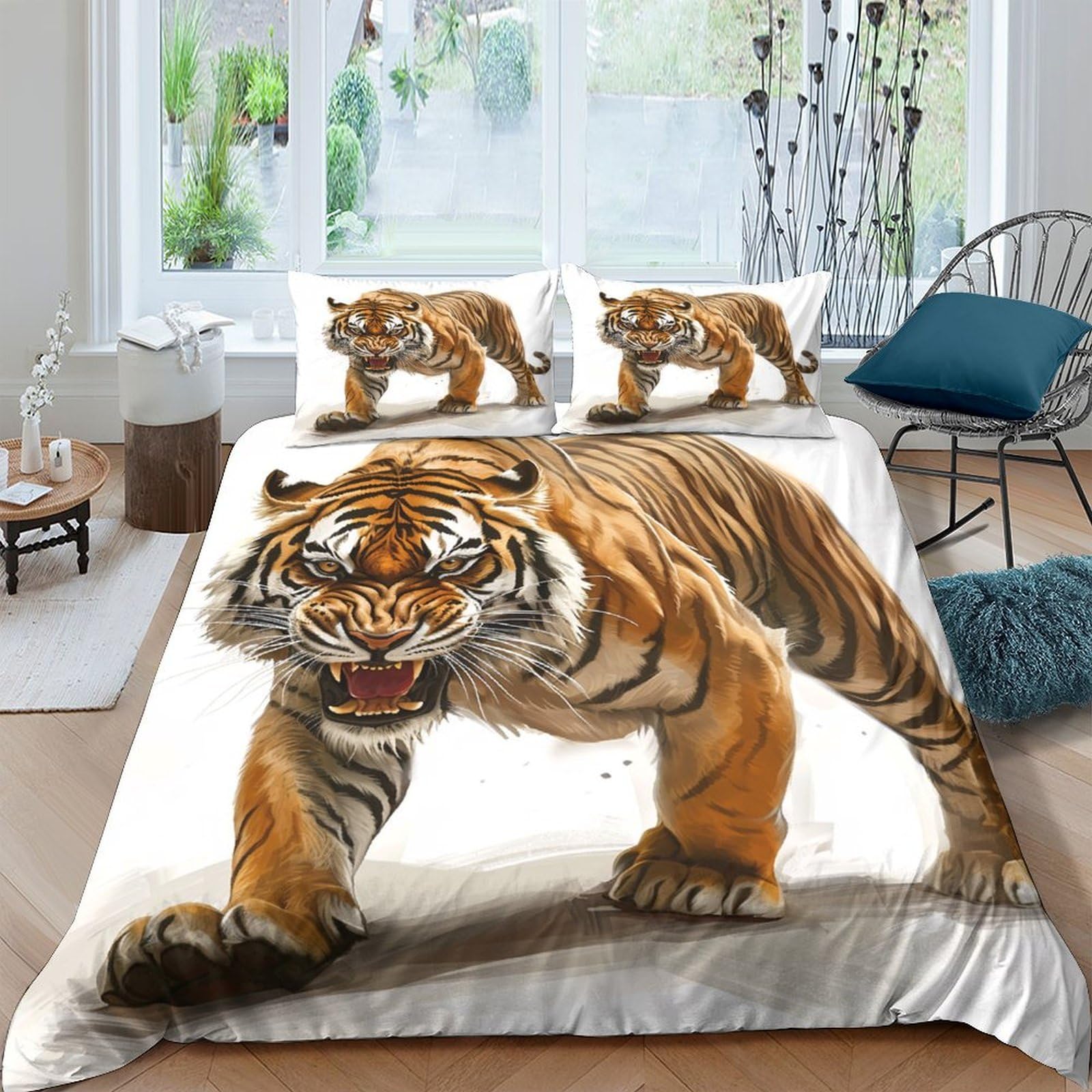 Ctjqhvkz Style-7 3D Printed Tiger Roaring Fitted Sheet Microfiber Soft Animal Bedroom Decor Striped Tiger Mattress Cover For Home Dorm Guest Room Use Single（135X200cm）