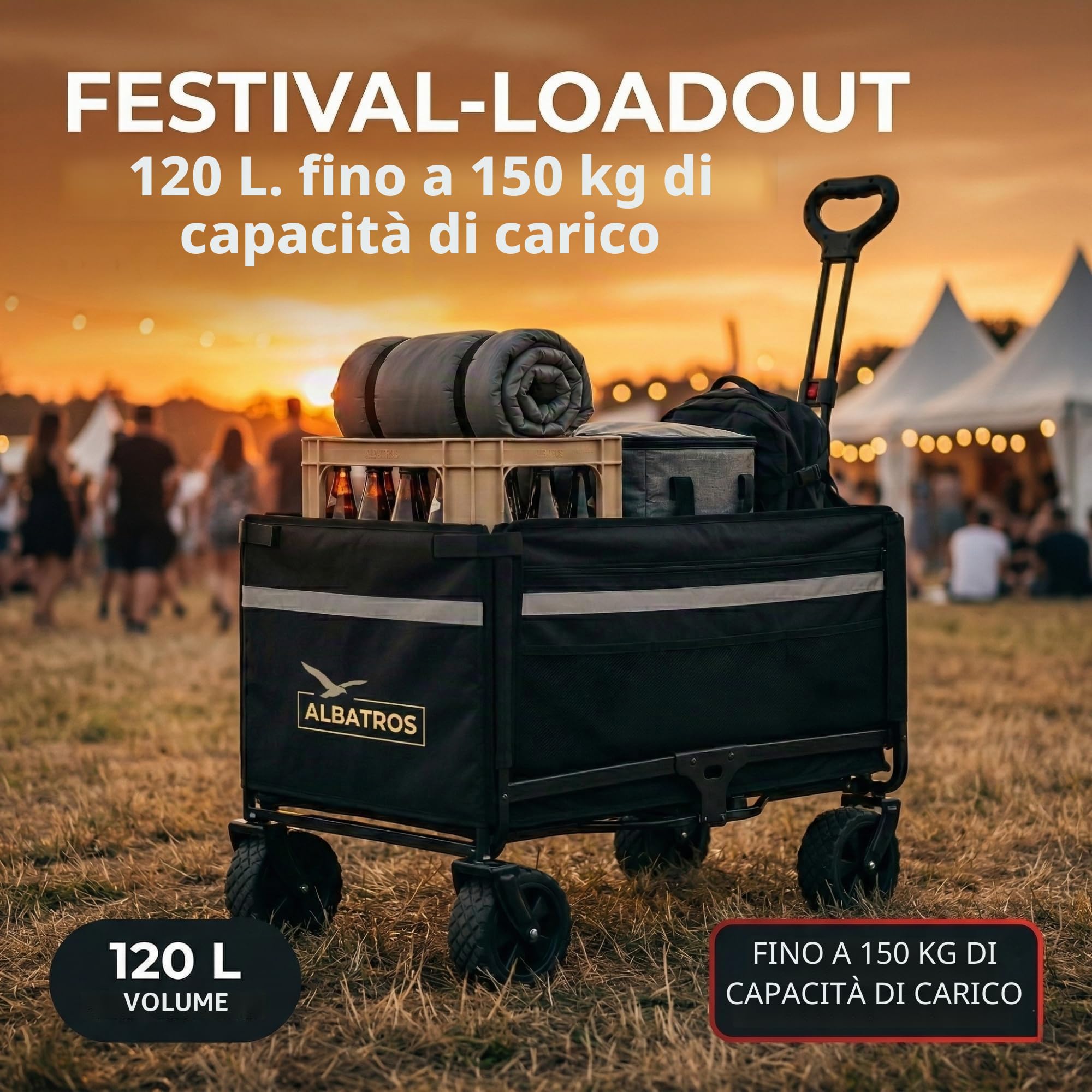 Albatros Carrello pieghevole da 120 l con apribottiglie e portabevande – Carrello pieghevole con strisce riflettenti, apertura della parete posteriore e copertura – Carrello per il trasporto