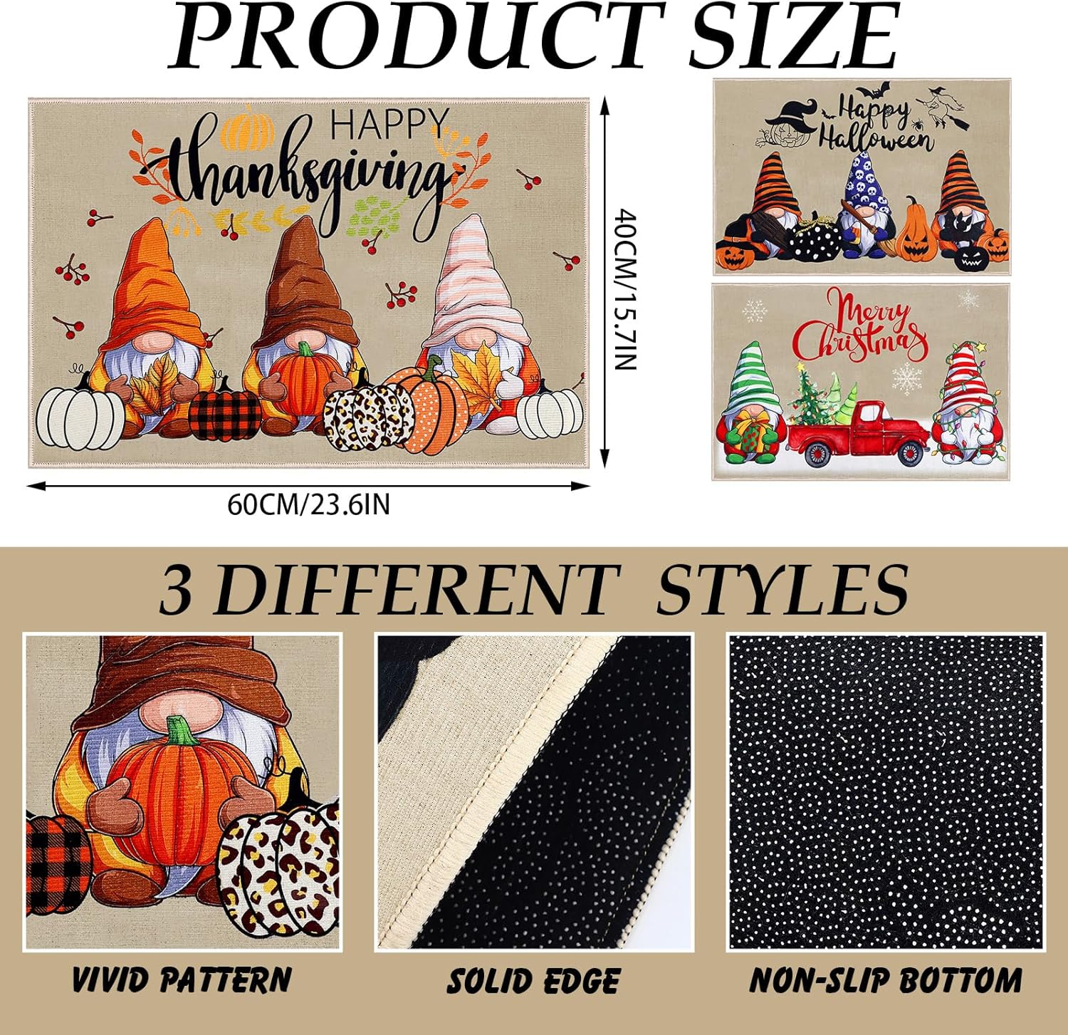 3 Pcs Thanksgiving Front Door Mat 24 x 16 Inch Christmas Welcome Gnome Door Mats for Thanksgiving Fall Halloween Non Slip Rubber Gnome Mats for Indoor Outdoor Entrance
