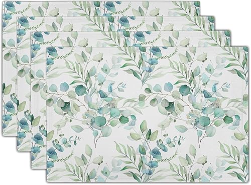 Juego de 4 manteles individuales de hojas de eucalipto, manteles individuales rústicos vintage de 12 x 18 pulgadas, manteles individuales de hojas