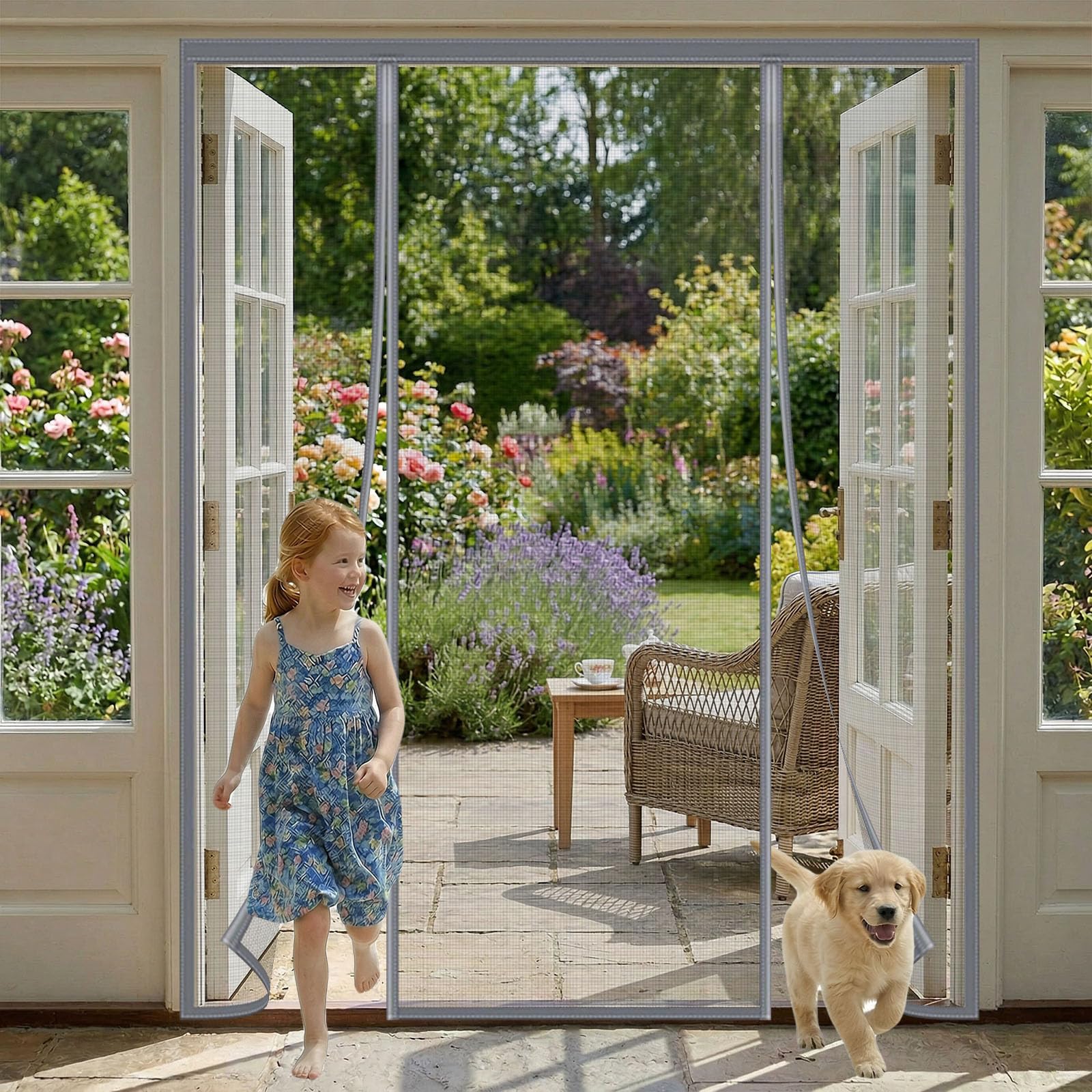 Magnetic Double-Door Fly Screen, Anti-Mosquito Mesh Curtain Door, Heavy-Duty Self-Sealing with Powerful Magnets & Full Frame Hook and Loop Fastener, No Drill Installation,205x210cm, Grey