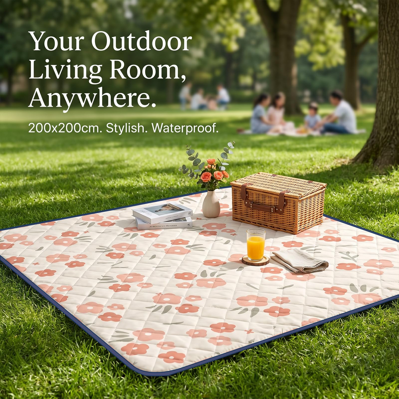Picknickdecke Wasserdicht, Pikncik Decke Groß, Picknickdecke 200x200cm, Faltbar Leicht Tragbar Outdoor Teppich Bunt Tragegriff, Camping Decke, für Trocken Strand, BBQ, Picknick, Campingdecke (Orange)