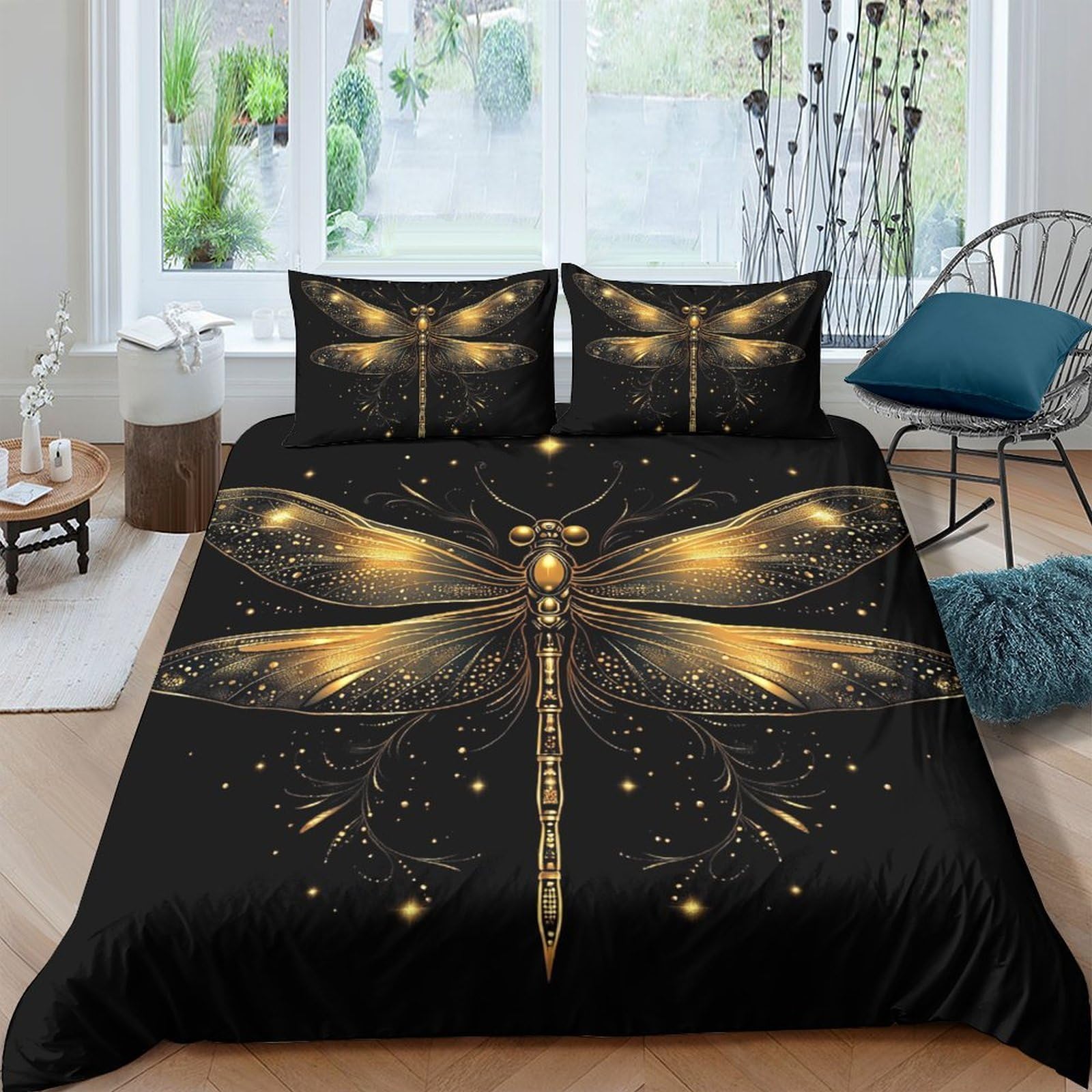Ctjqhvkz Style-8 3D Printed Golden Dragonfly Fitted Sheet Microfiber Soft Black Art Bed Sheet For Bedroom Dorm Mattress Cover Decor Single（135X200cm）